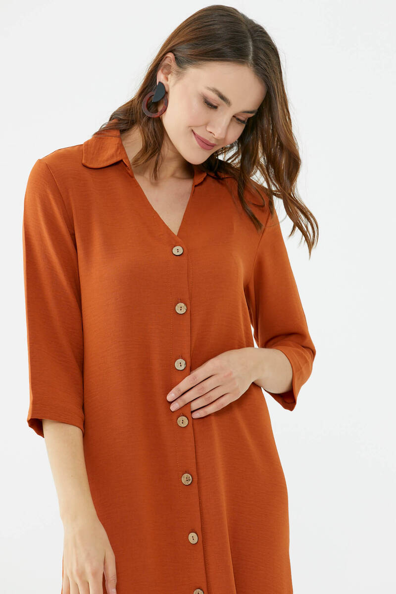 Rahat Kalıp Midi Boy Düğmeli Elbise - Kiremit (5) Sementa