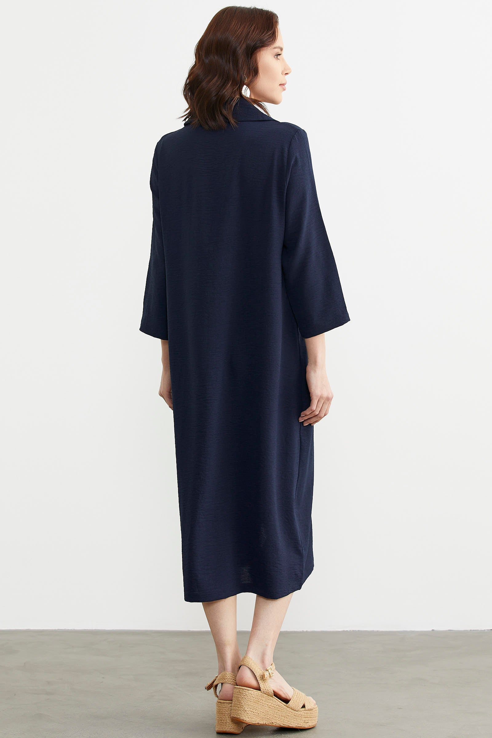 Rahat Kalıp Midi Boy Düğmeli Elbise - Lacivert (6) Sementa