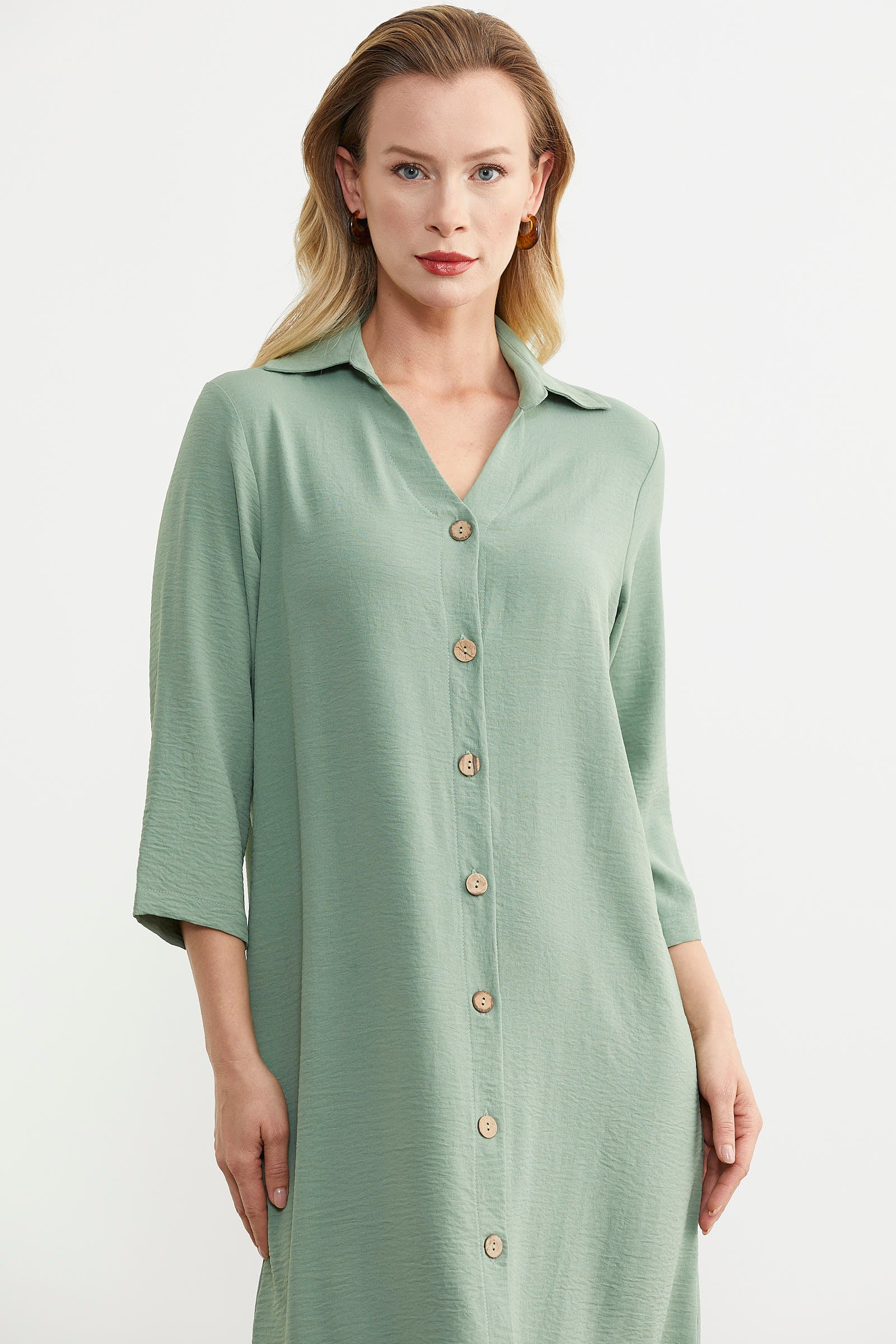 Rahat Kalıp Midi Boy Düğmeli Elbise - Yeşil (4) Sementa