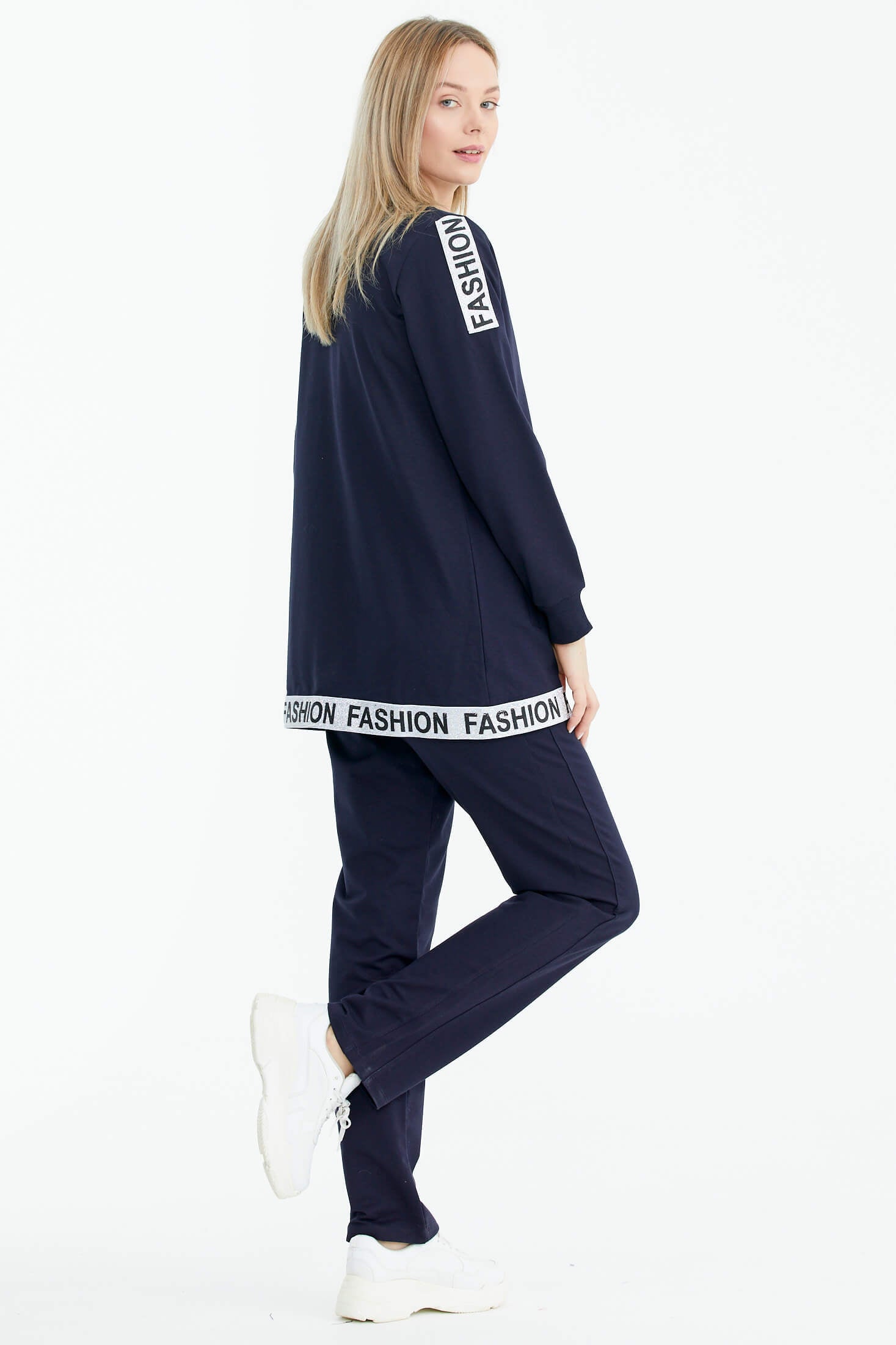 Rahat Kalıp Simli Şerit Detaylı Eşofman Takımı - Lacivert (5) Sementa