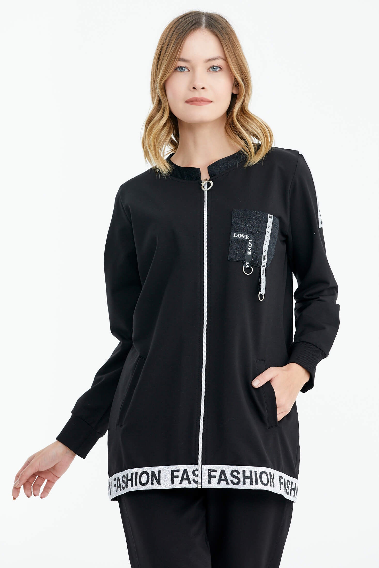 Rahat Kalıp Simli Şerit Detaylı Eşofman Takımı - Siyah (1) Sementa