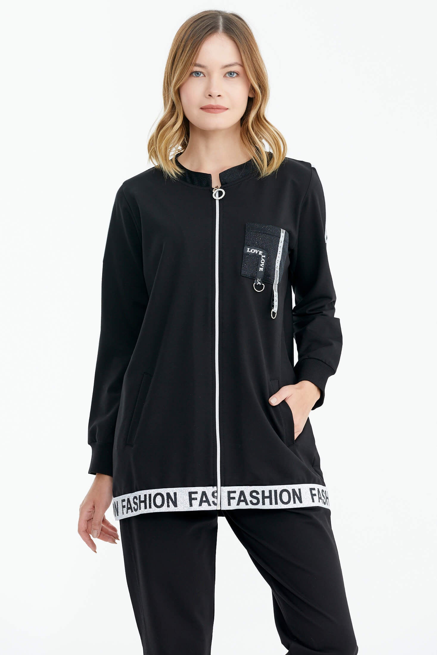 Rahat Kalıp Simli Şerit Detaylı Eşofman Takımı - Siyah (2) Sementa