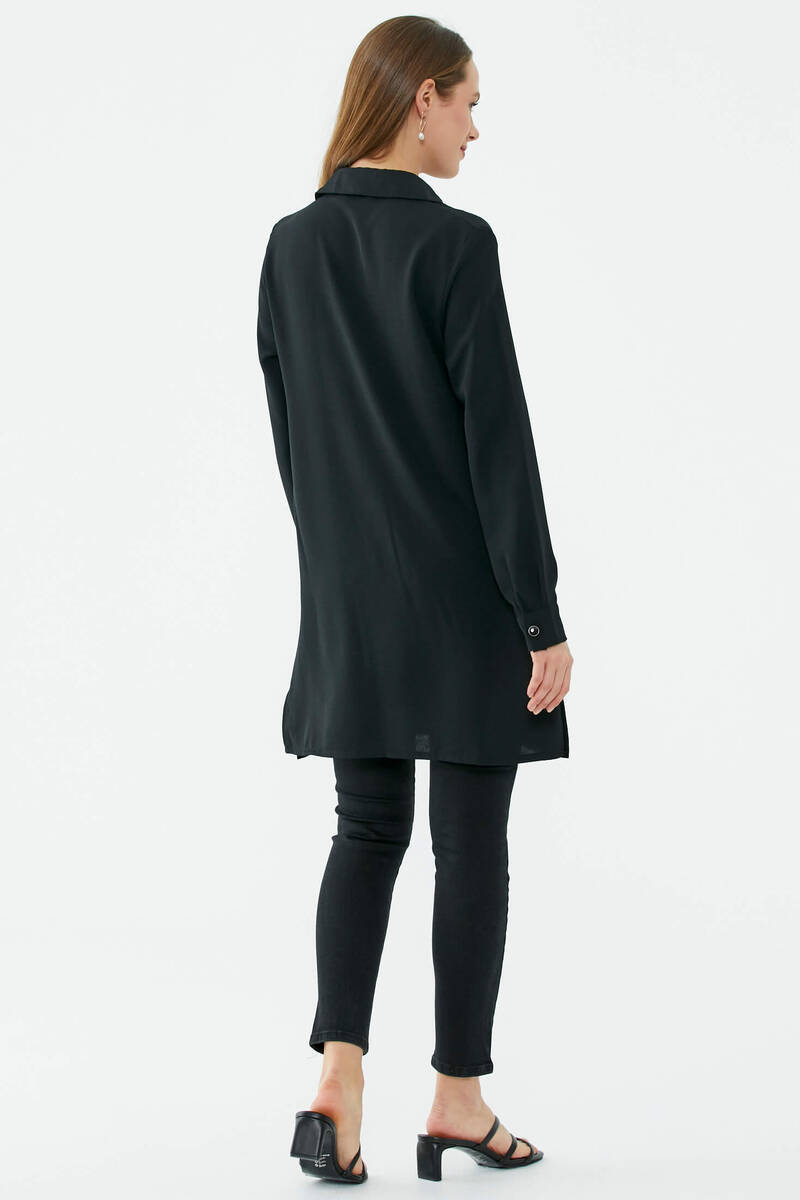 Rahat Kalıp Uzun Krep Gömlek - Siyah (5) Sementa