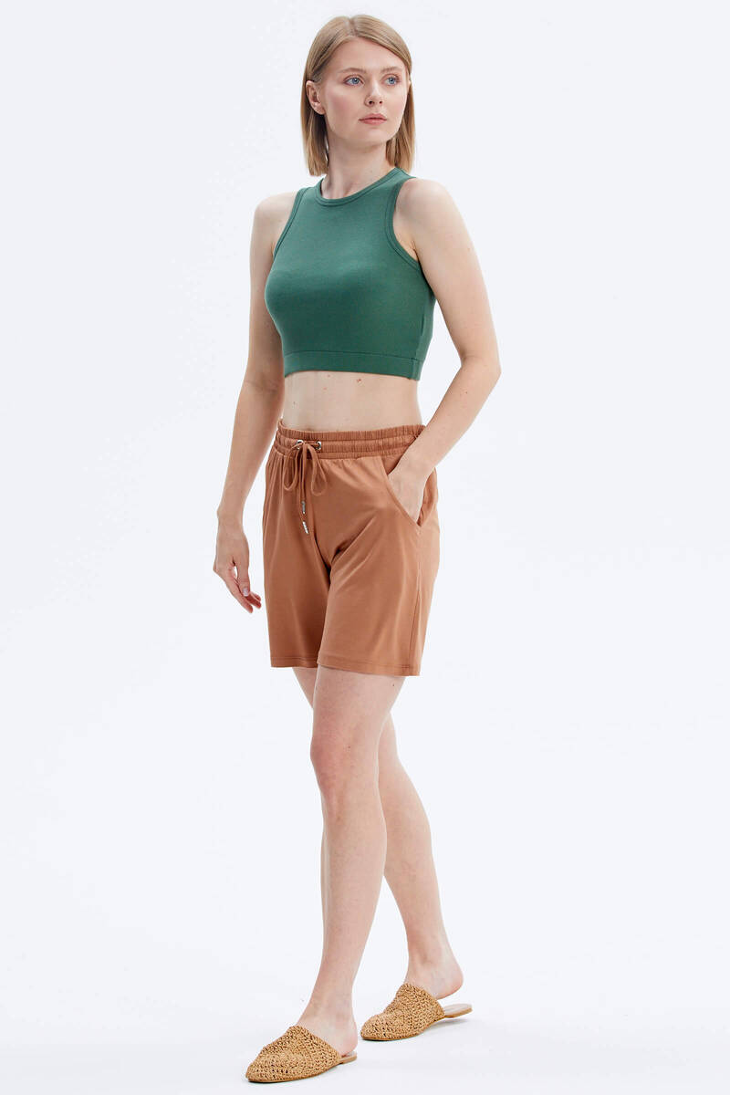 Rahat Kesim Penye Şort - Kamel (2) Sementa