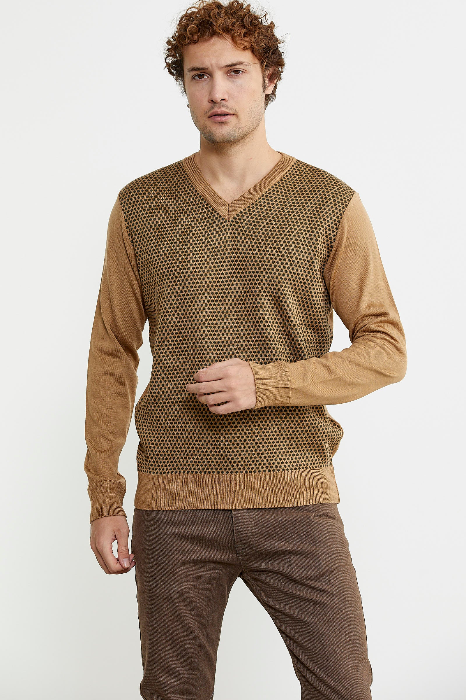 Regular Fit Jakarlı Yünlü Triko Kazak - Kamel - Sementa