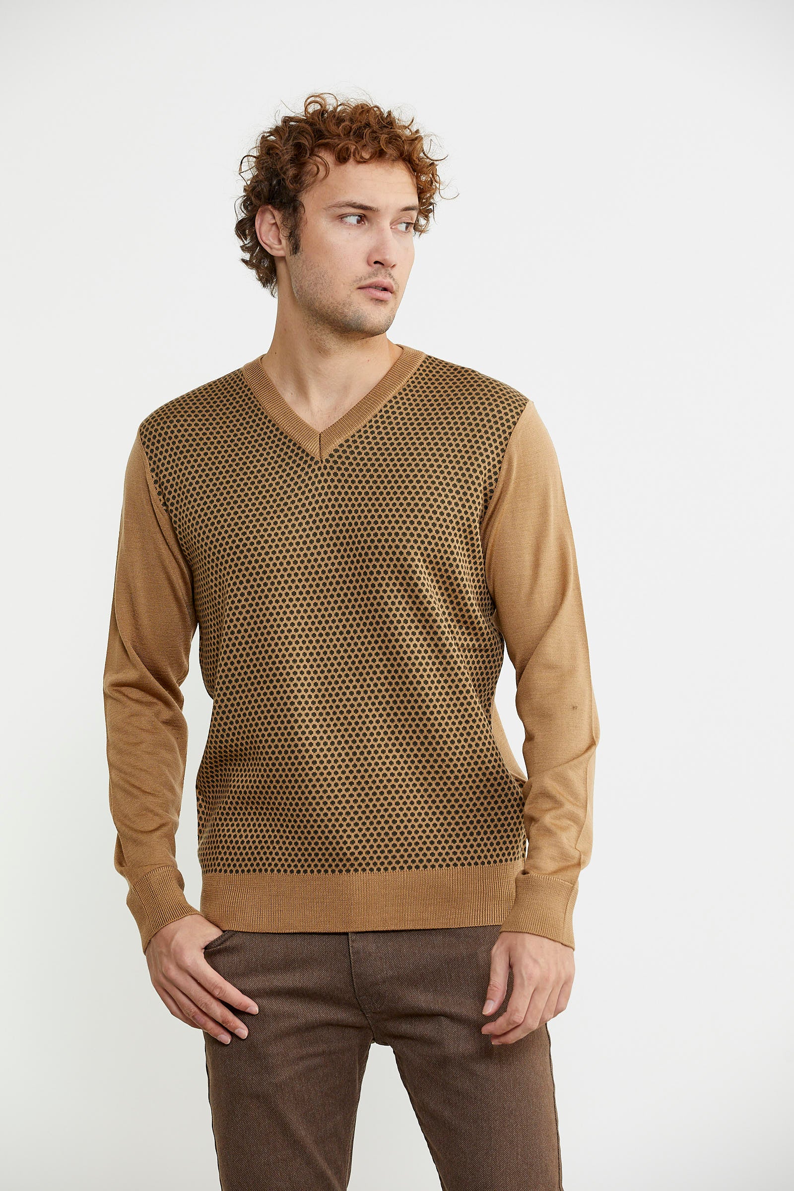 Regular Fit Jakarlı Yünlü Triko Kazak - Kamel - Sementa