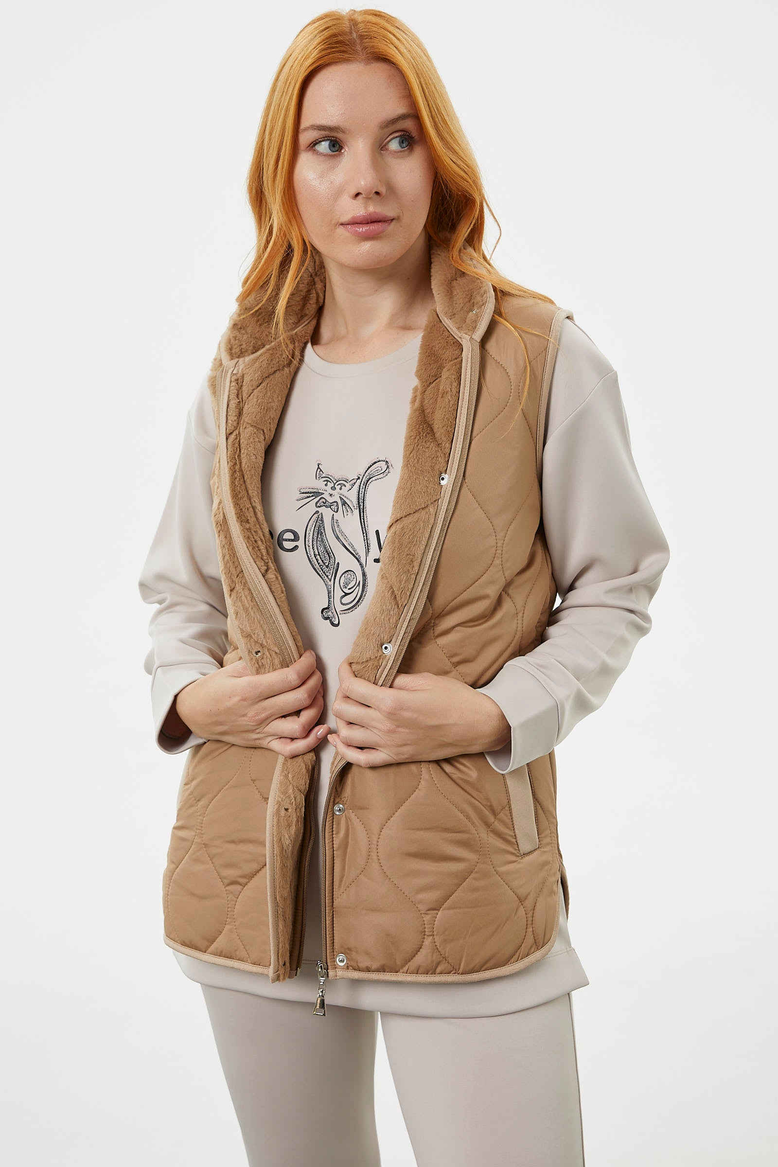 Regular Fit Kapitone Çıt Çıtlı Yelek - Kamel (3) Sementa