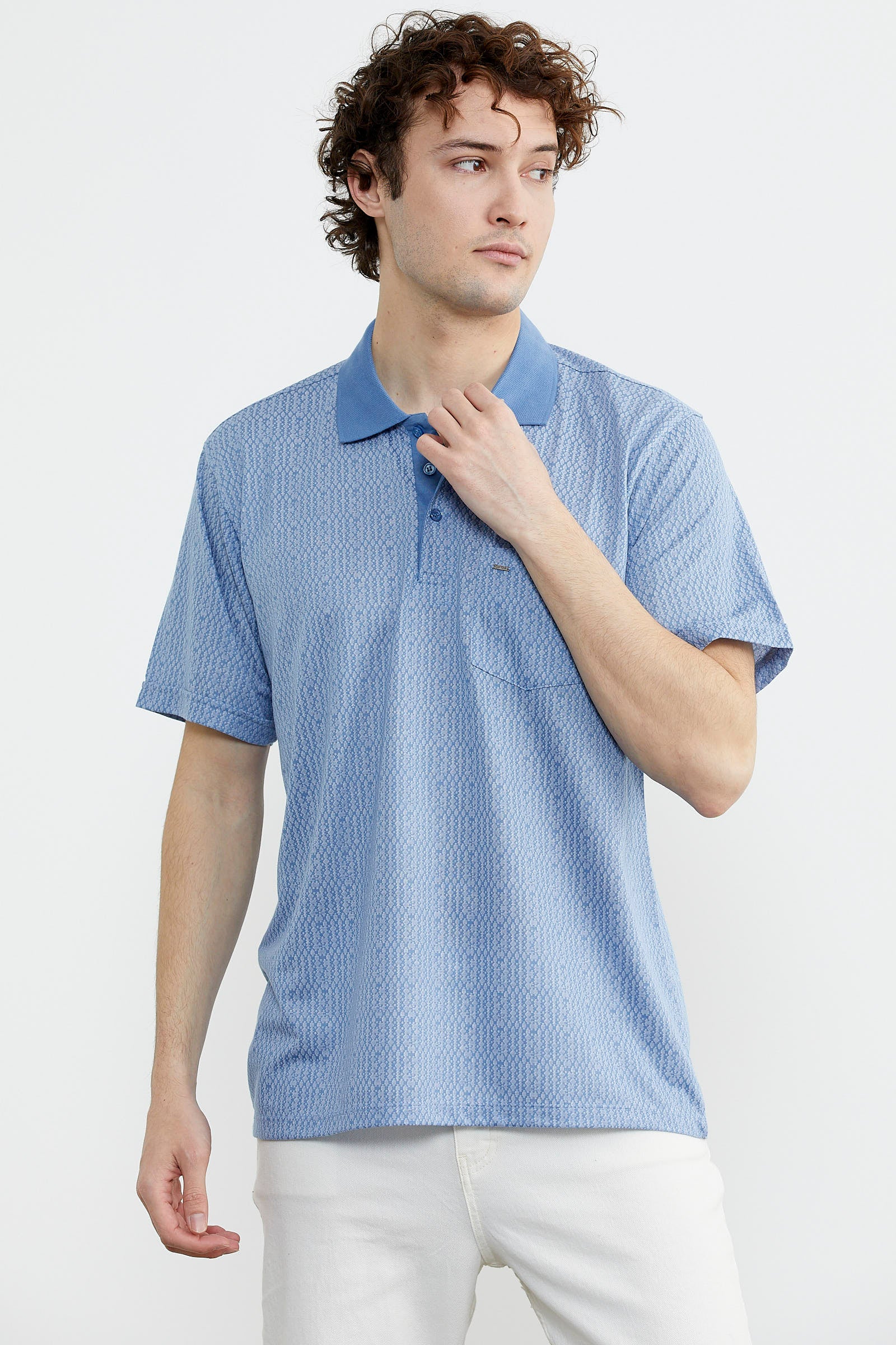 Regular Fit Polo Yaka Desenli Tişört - Mavi (4) Sementa