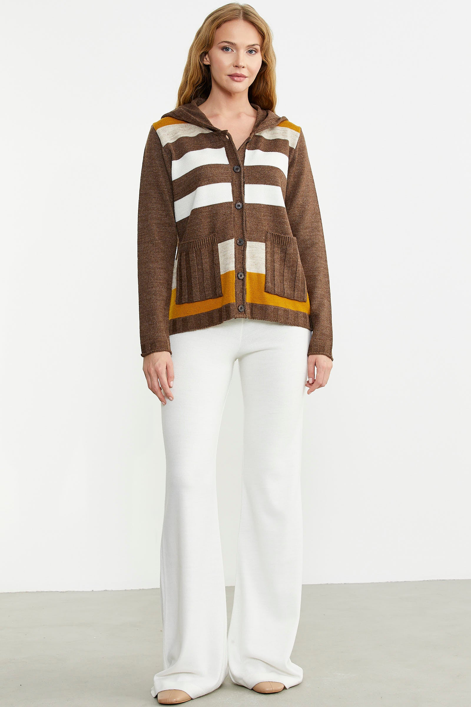 Renk Bloklu Yünlü Düğmeli Triko Ceket - Sütlü Kahve - Sementa