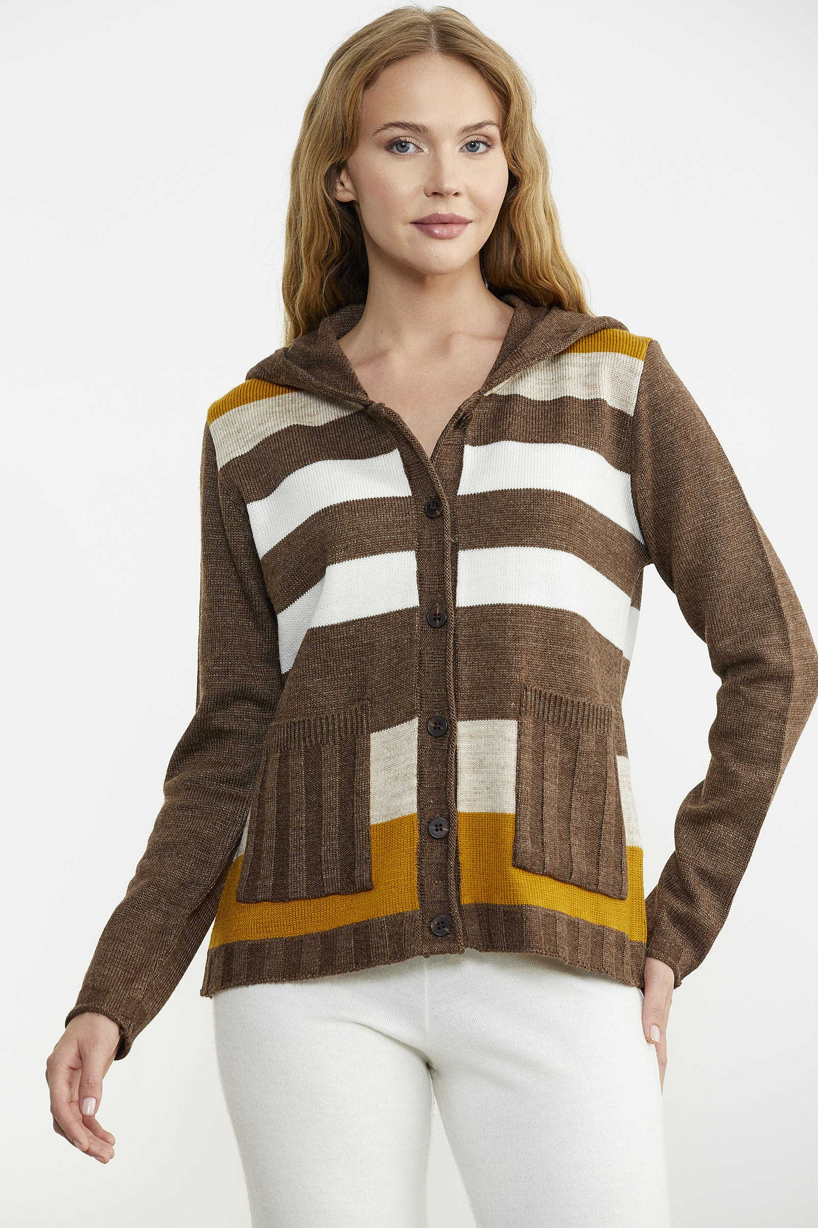 Renk Bloklu Yünlü Düğmeli Triko Ceket - Sütlü Kahve - Sementa