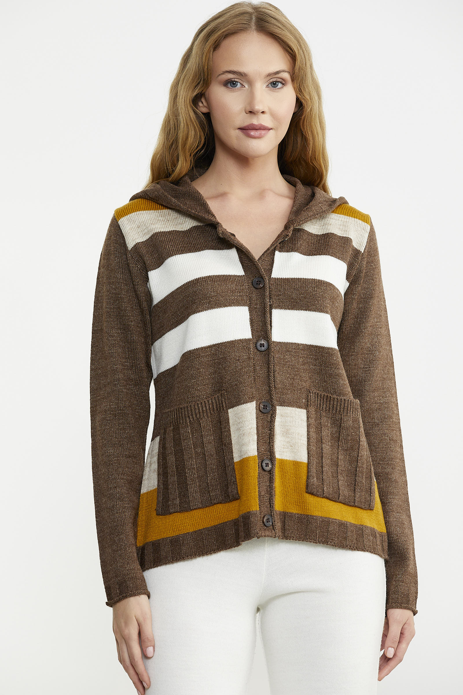 Renk Bloklu Yünlü Düğmeli Triko Ceket - Sütlü Kahve - Sementa