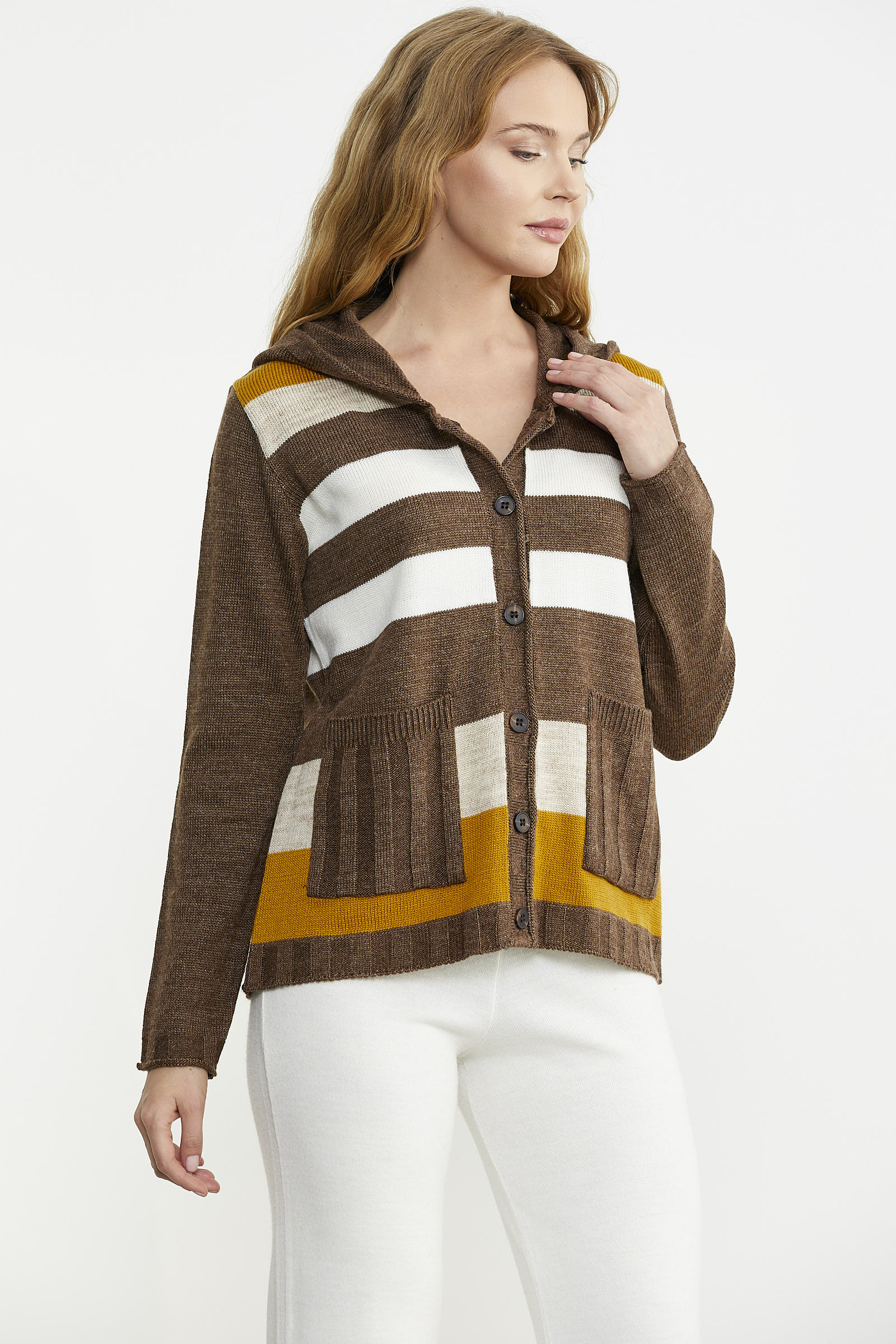 Renk Bloklu Yünlü Düğmeli Triko Ceket - Sütlü Kahve - Sementa