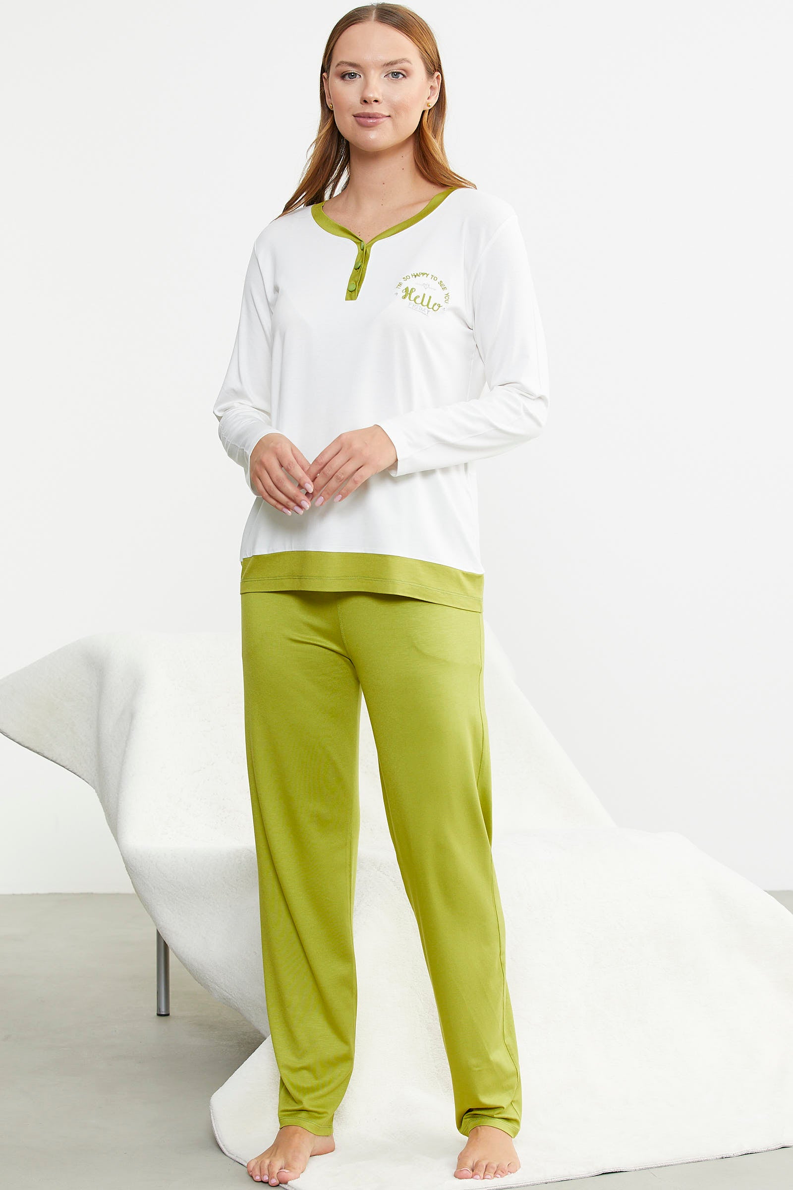 Renk Geçişli Rahat Kalıp Pijama Takım - Yeşil - Sementa