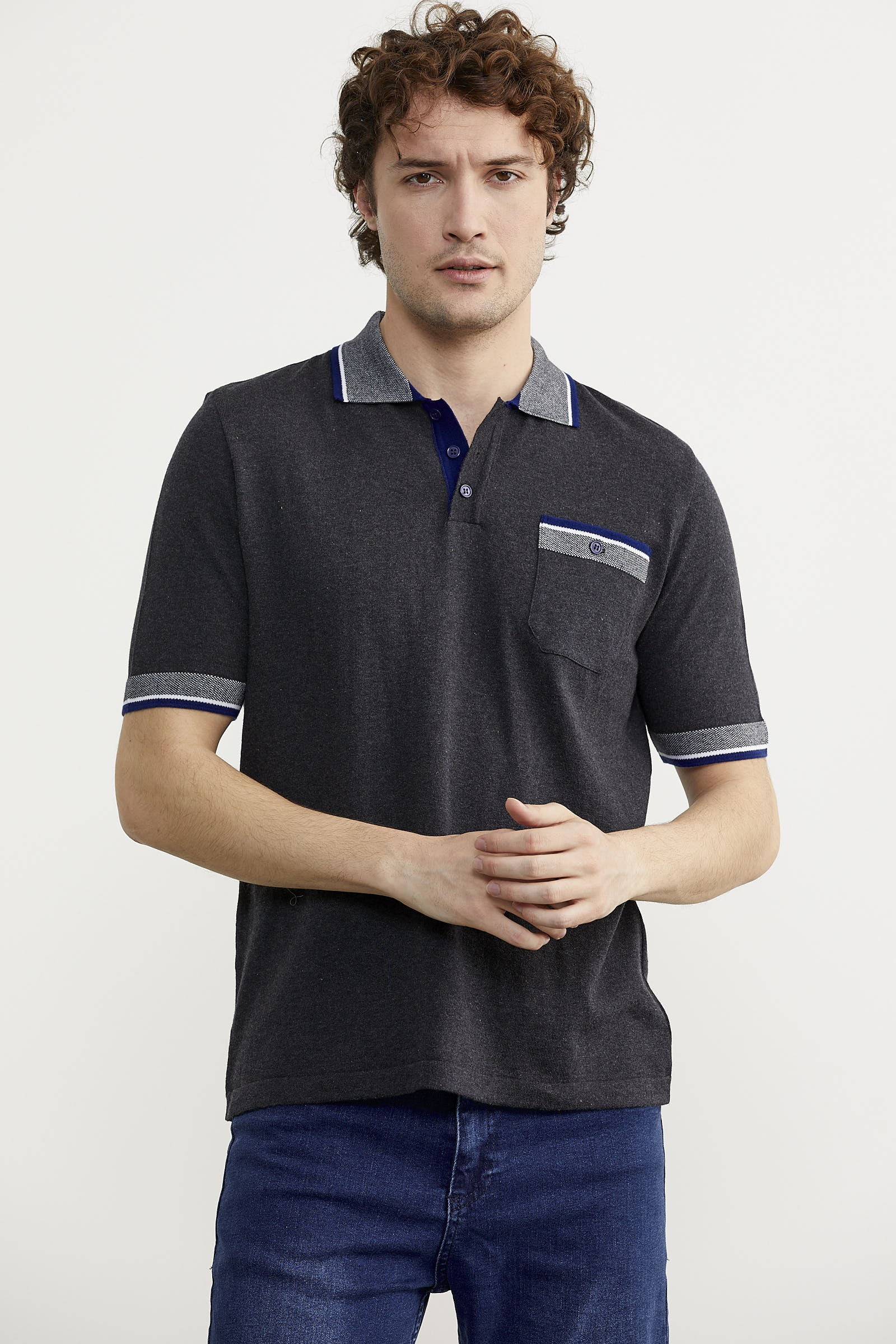 Renk Kombinli Cepli Koton Triko Tişört - Antrasit (3) Sementa