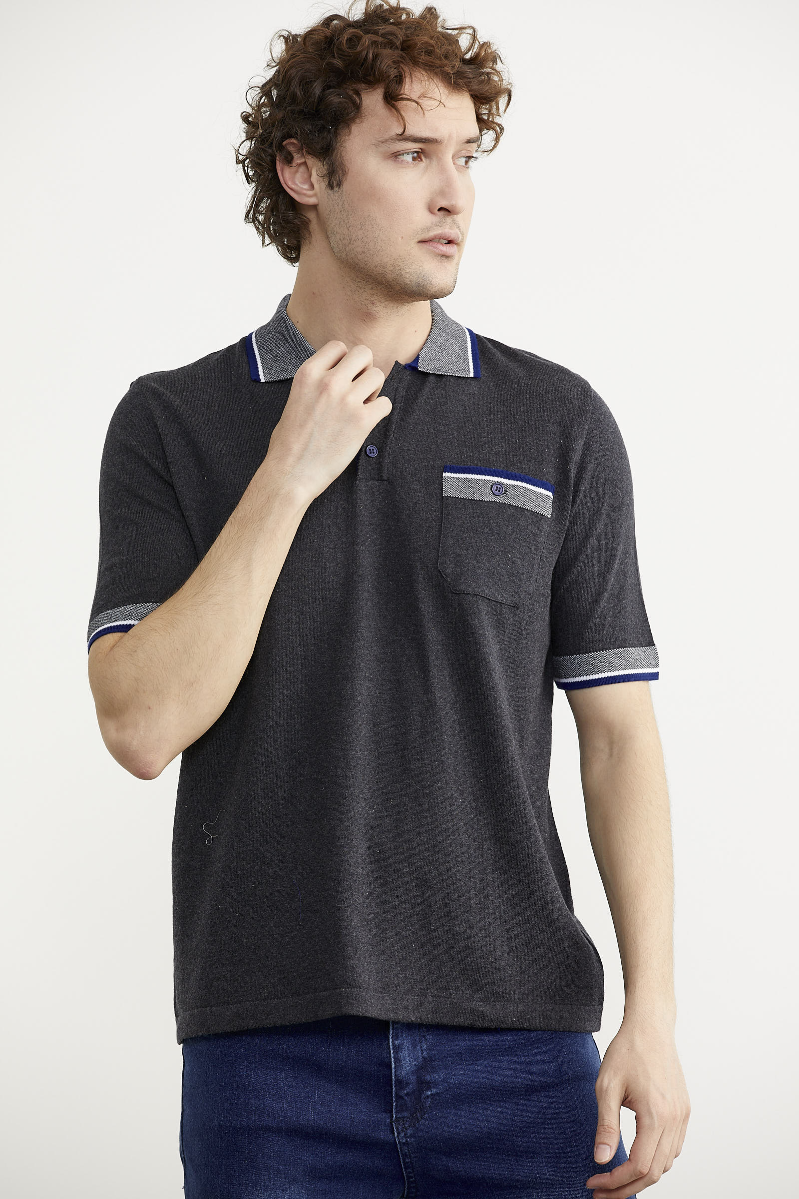 Renk Kombinli Cepli Koton Triko Tişört - Antrasit (4) Sementa