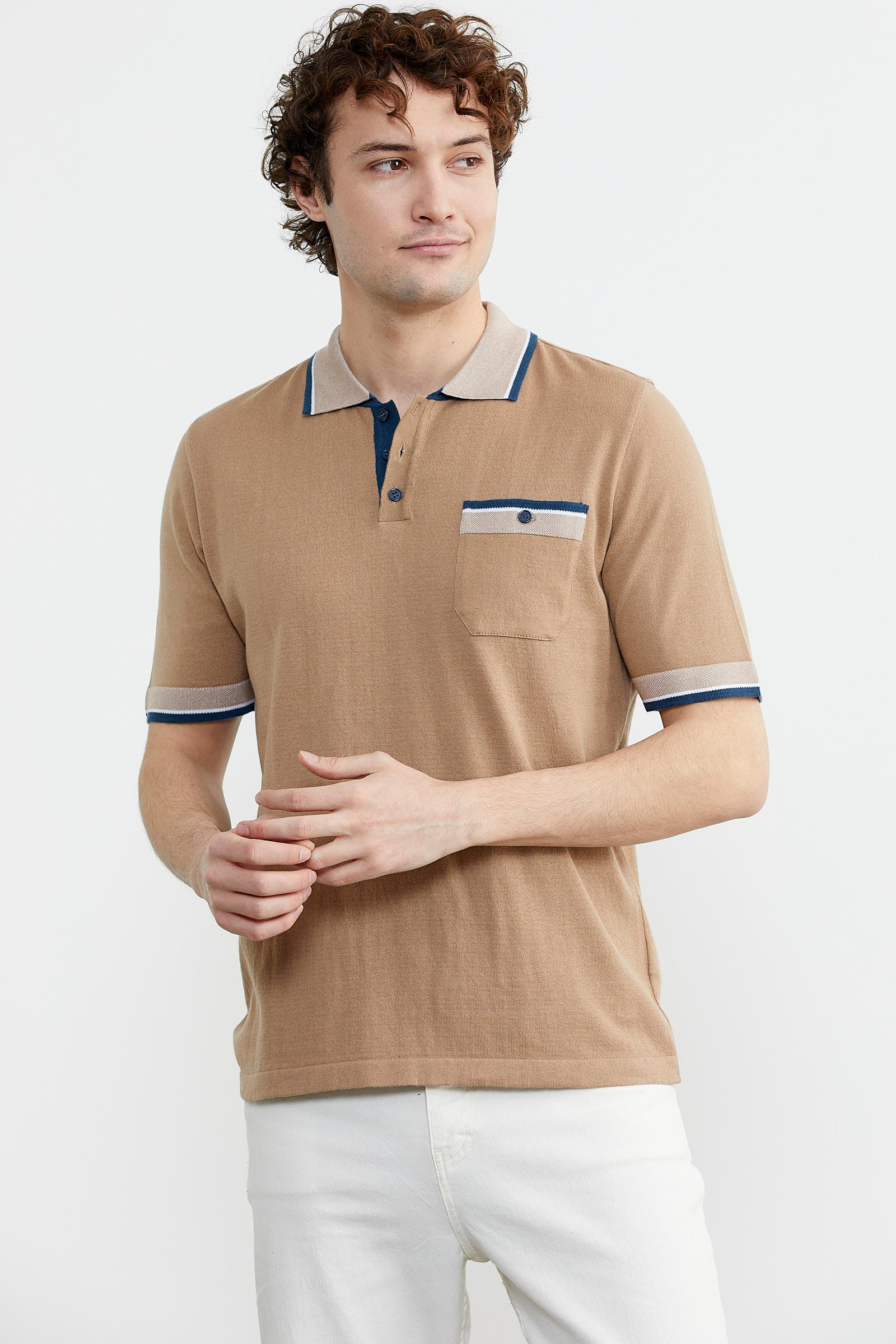 Renk Kombinli Cepli Koton Triko Tişört - Kamel (2) Sementa