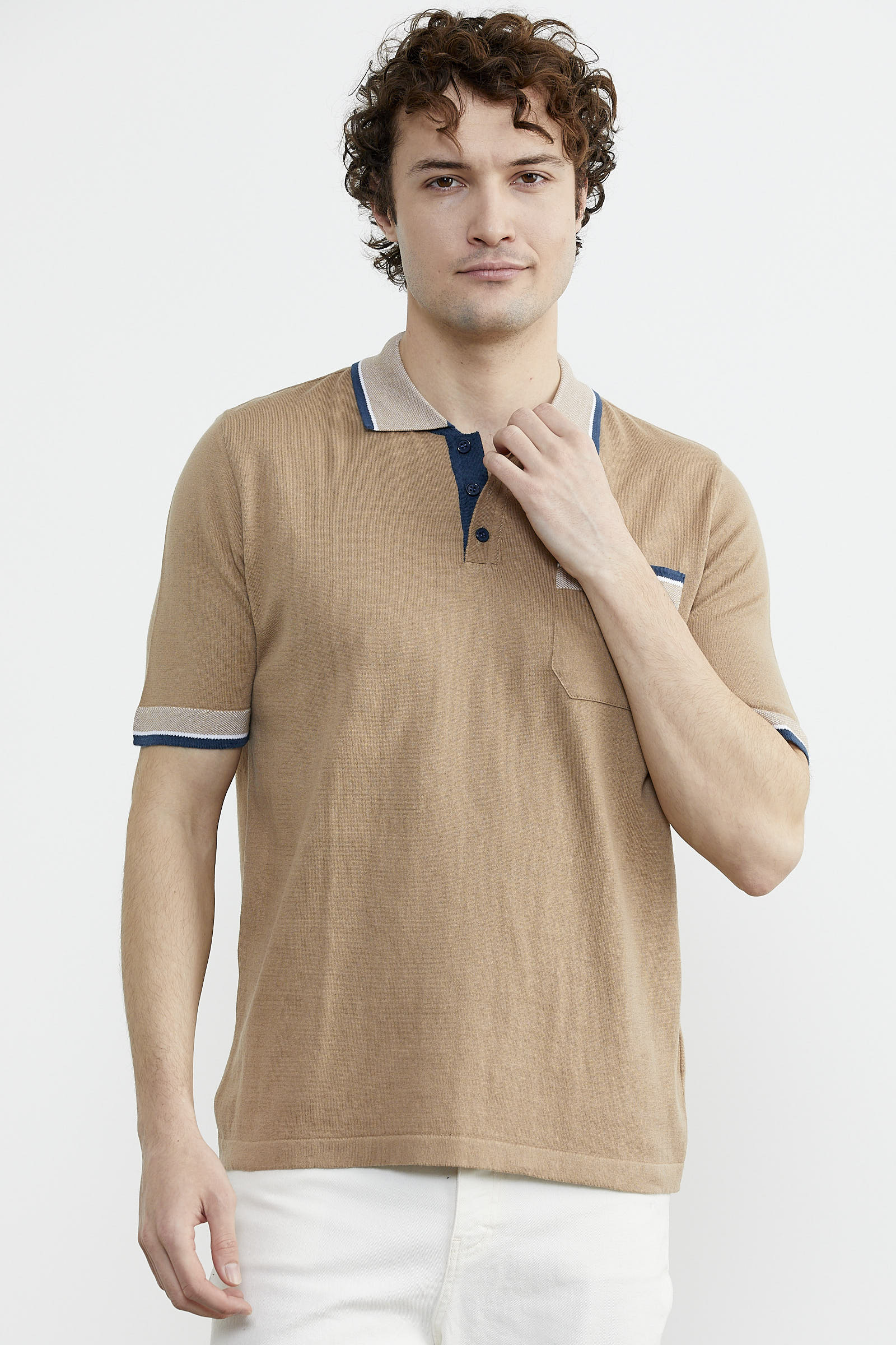 Renk Kombinli Cepli Koton Triko Tişört - Kamel (3) Sementa