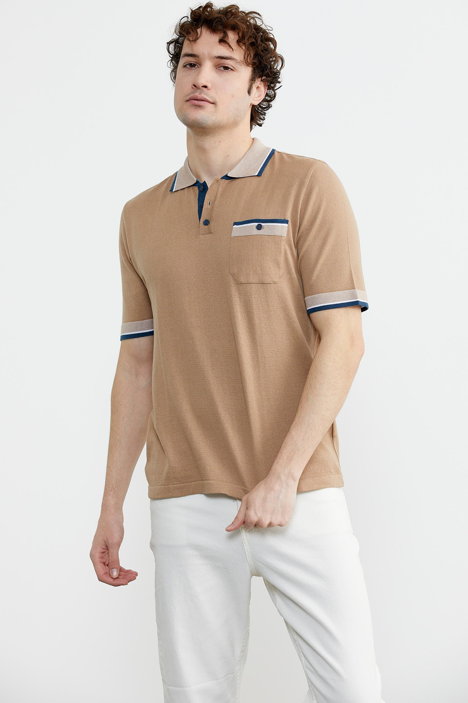 Renk Kombinli Cepli Koton Triko Tişört - Kamel (4) Sementa