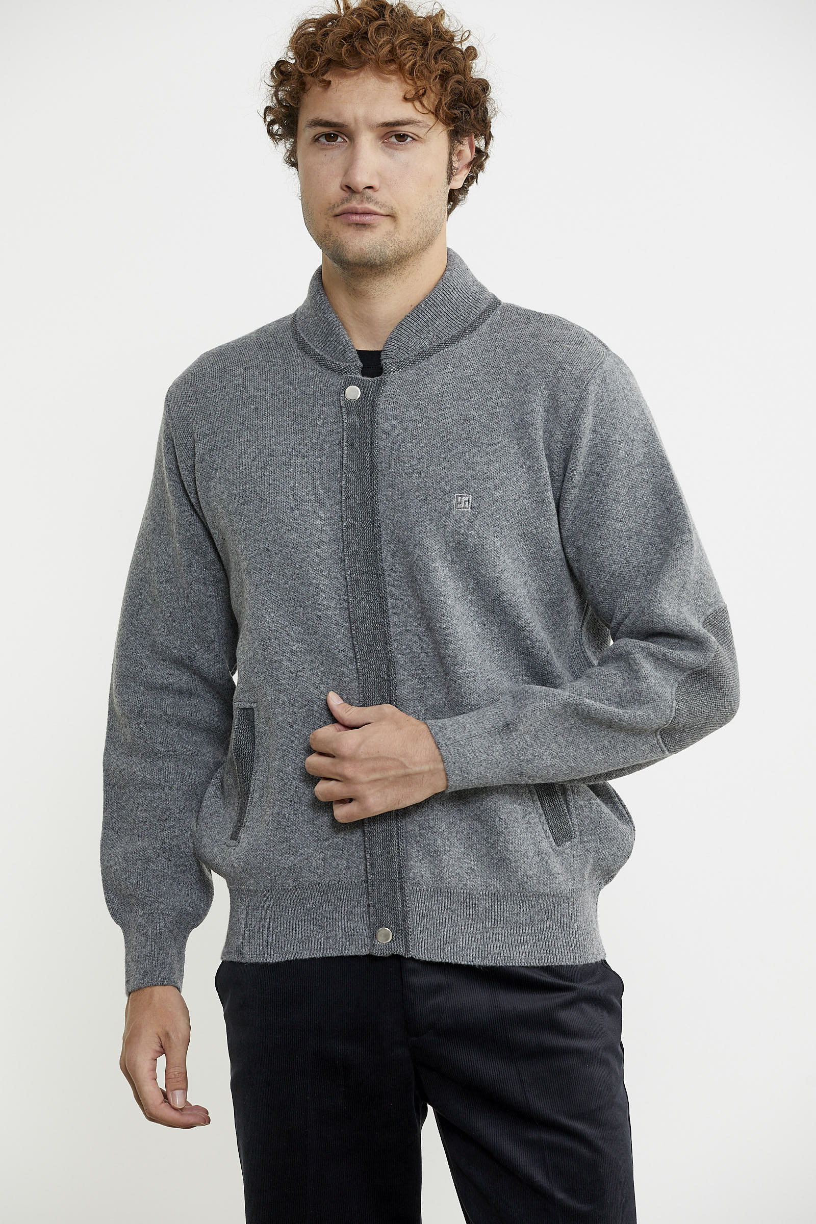 Renk Kombinli Cepli Yünlü Triko Mont - Gri - Koyu Gri - Sementa