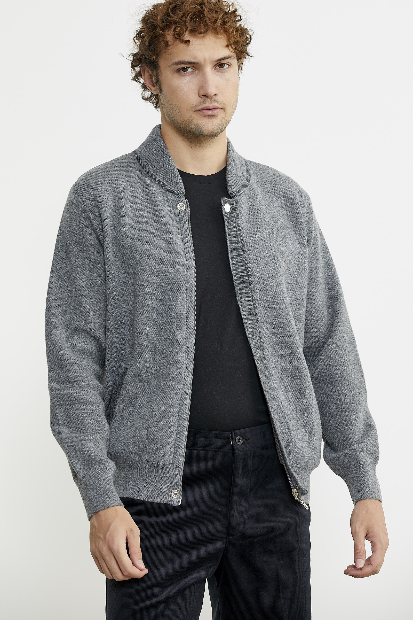 Renk Kombinli Cepli Yünlü Triko Mont - Gri - Koyu Gri - Sementa