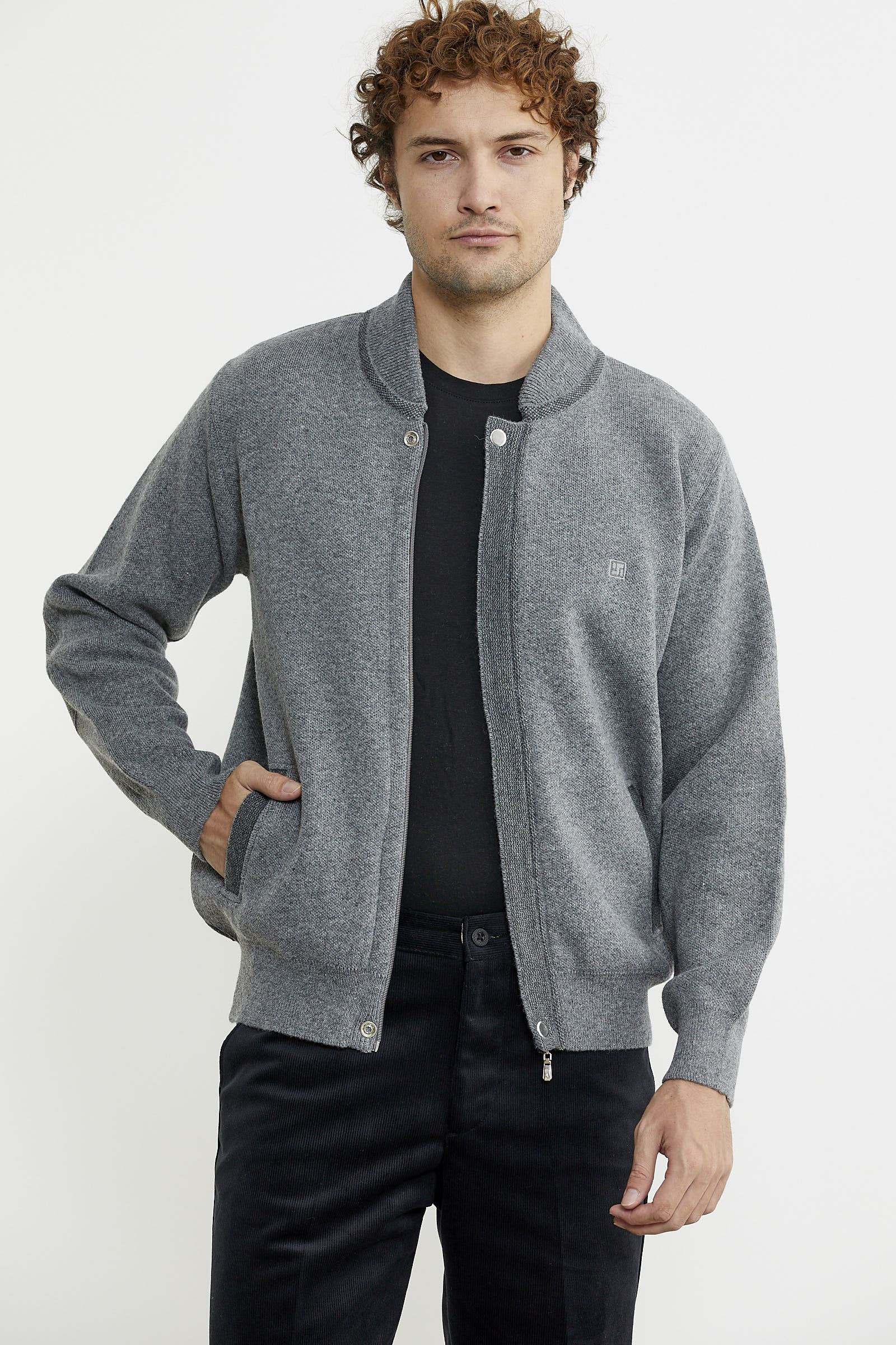 Renk Kombinli Cepli Yünlü Triko Mont - Gri - Koyu Gri - Sementa