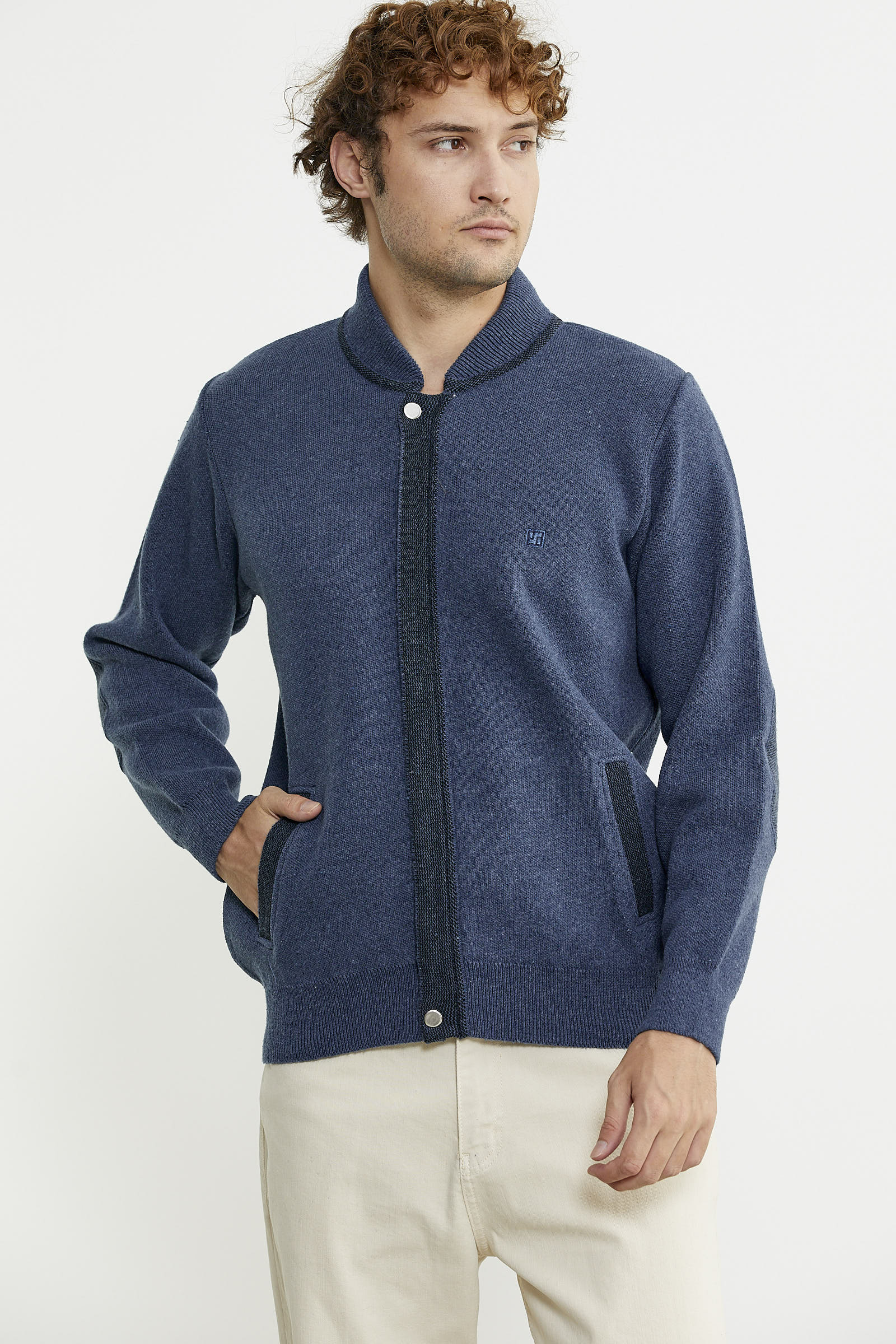 Renk Kombinli Cepli Yünlü Triko Mont - Indigo - Siyah - Sementa