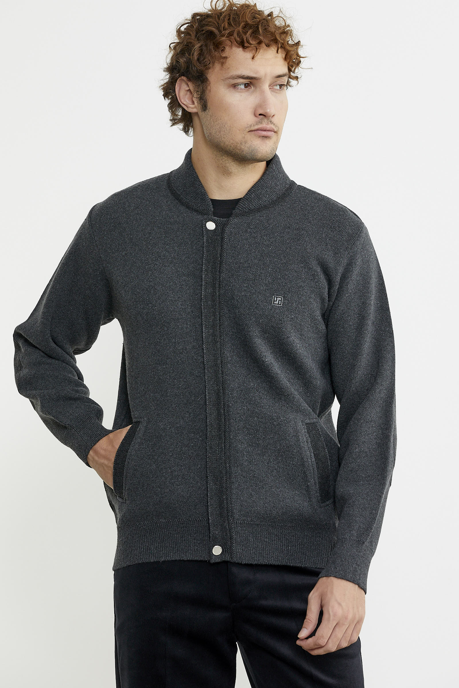 Renk Kombinli Cepli Yünlü Triko Mont - Koyu Gri - Siyah - Sementa