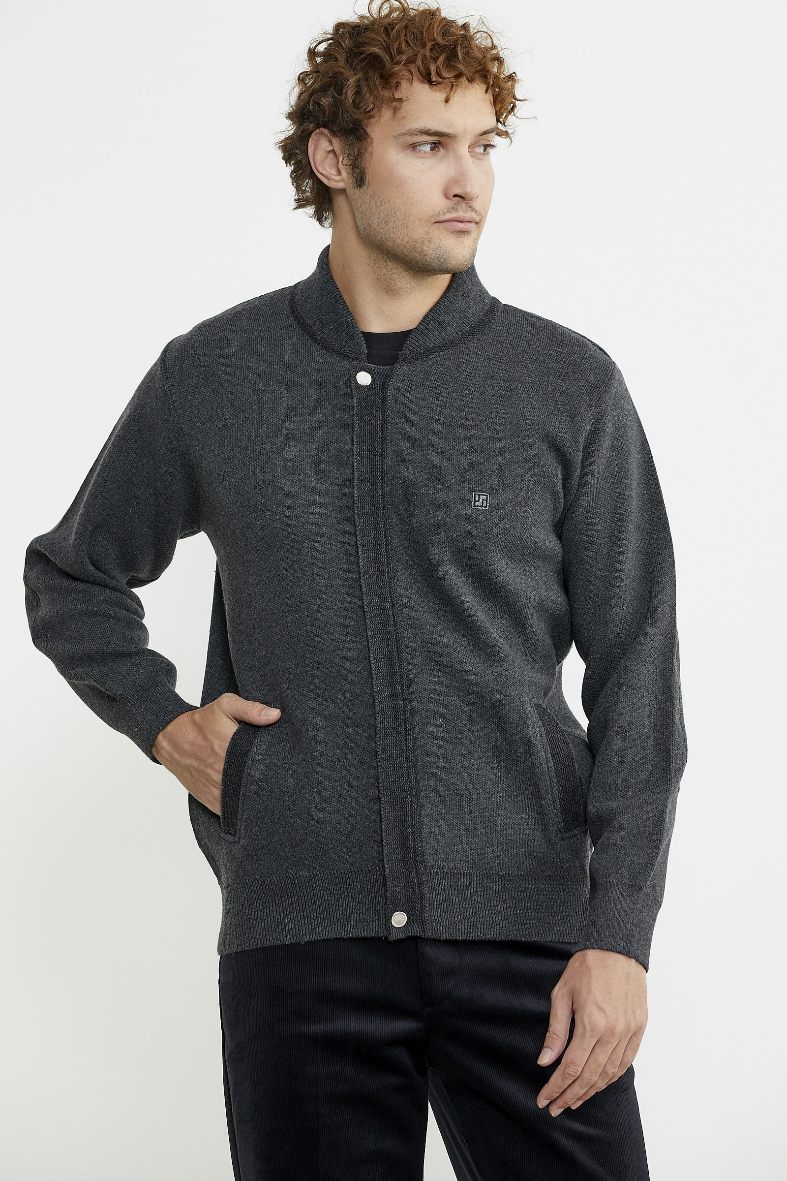 Renk Kombinli Cepli Yünlü Triko Mont - Koyu Gri - Siyah - Sementa