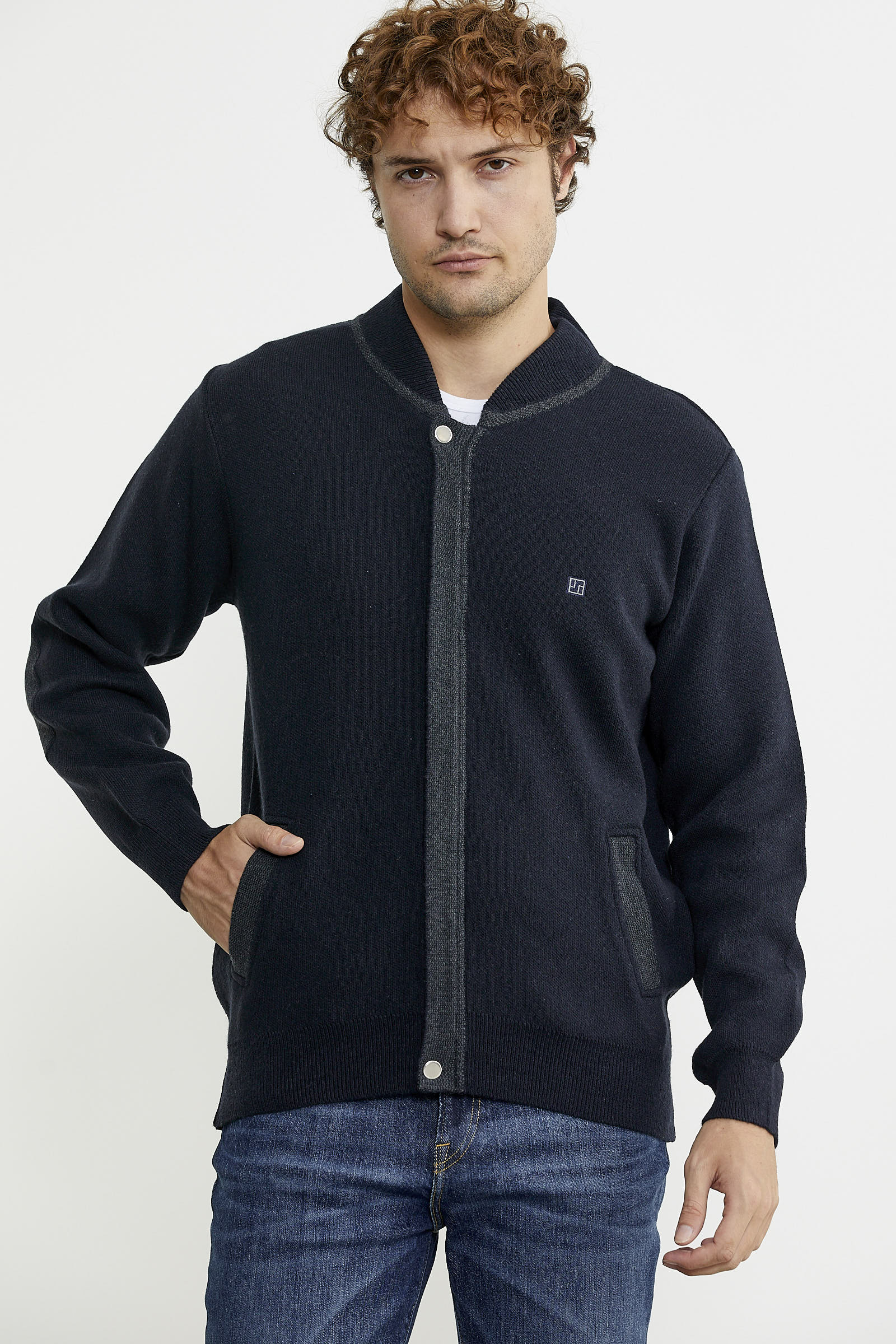 Renk Kombinli Cepli Yünlü Triko Mont - Lacivert - Koyu Gri - Sementa