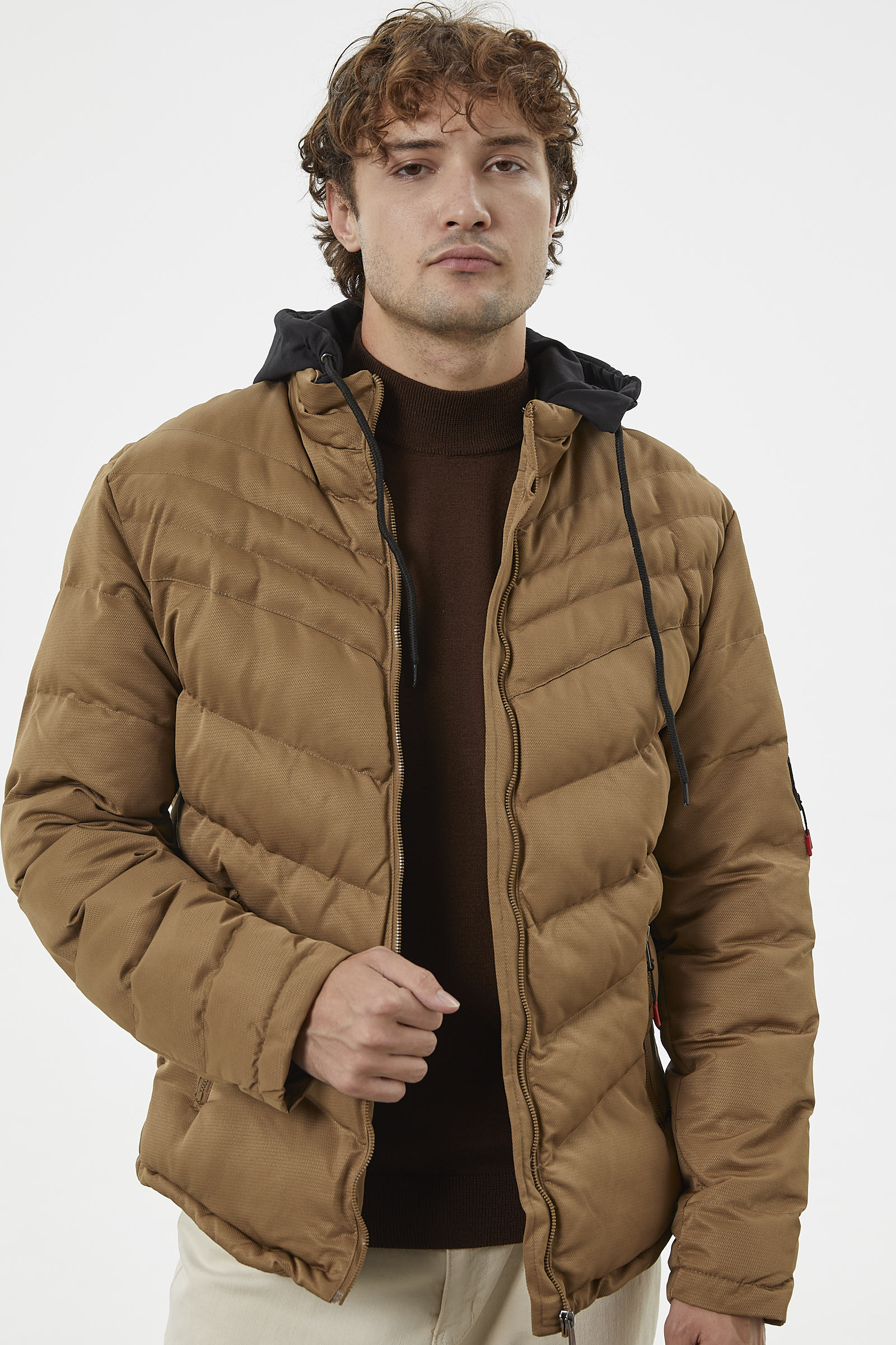 Renk Kombinli Kapüşonlu Kısa Mont - Vizon (1) Sementa