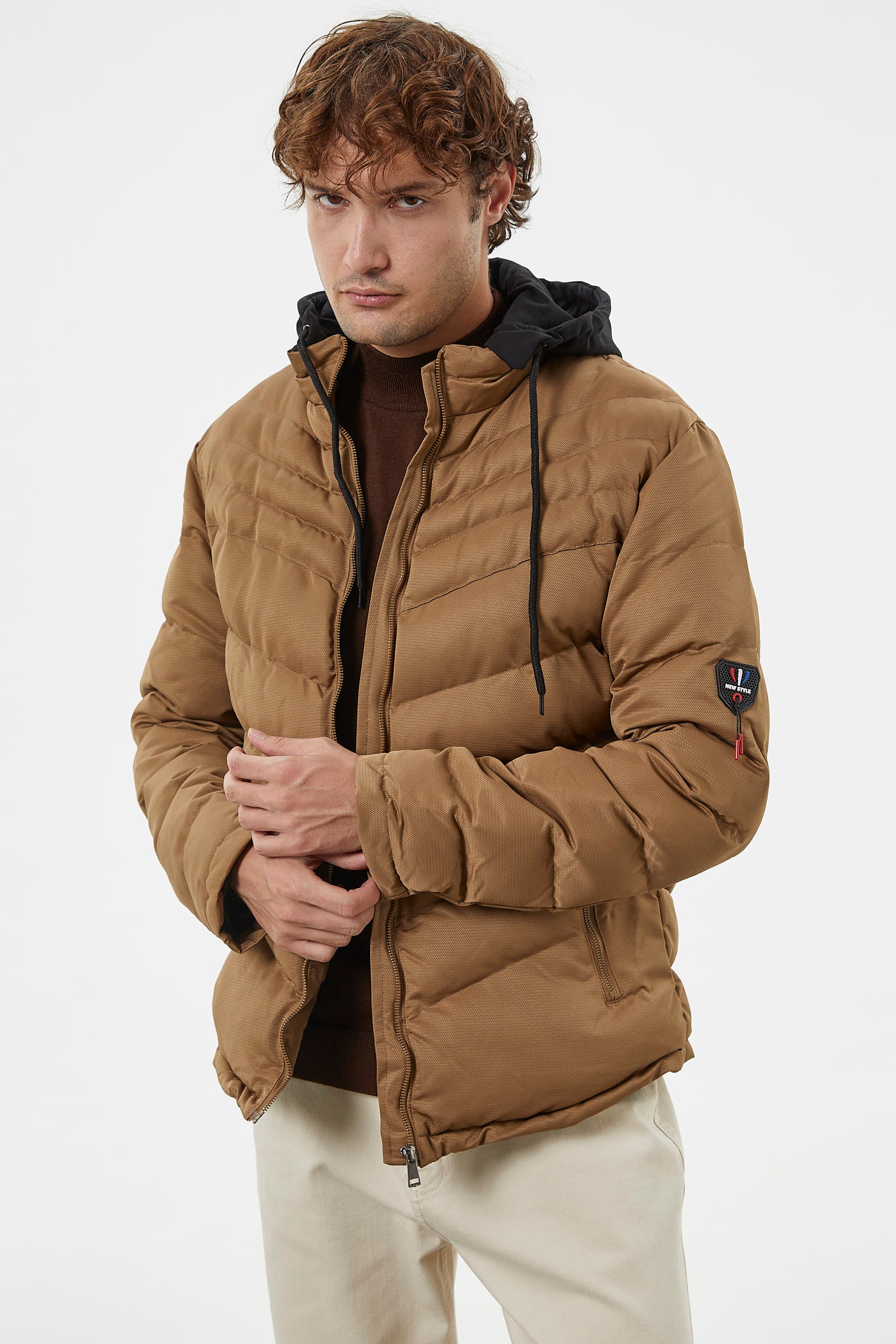 Renk Kombinli Kapüşonlu Kısa Mont - Vizon (2) Sementa