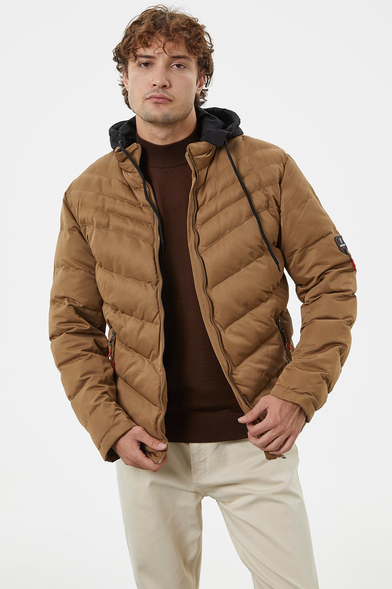 Renk Kombinli Kapüşonlu Kısa Mont - Vizon (4) Sementa