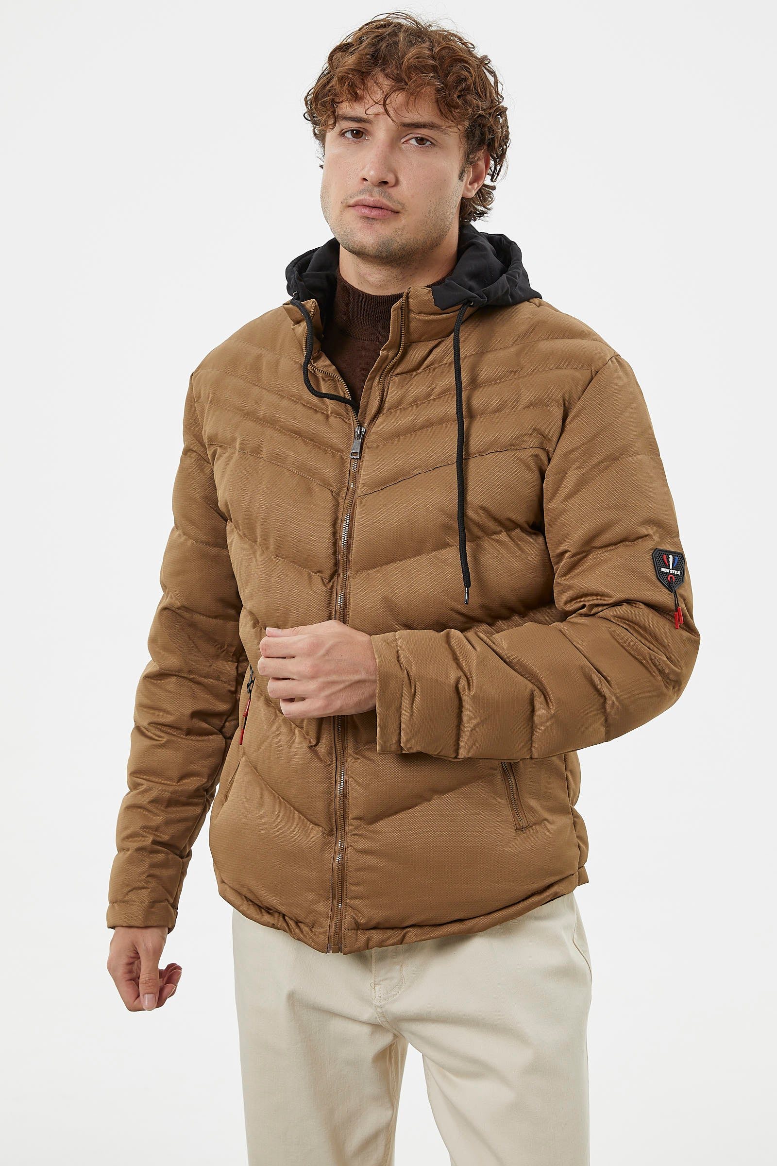 Renk Kombinli Kapüşonlu Kısa Mont - Vizon (5) Sementa