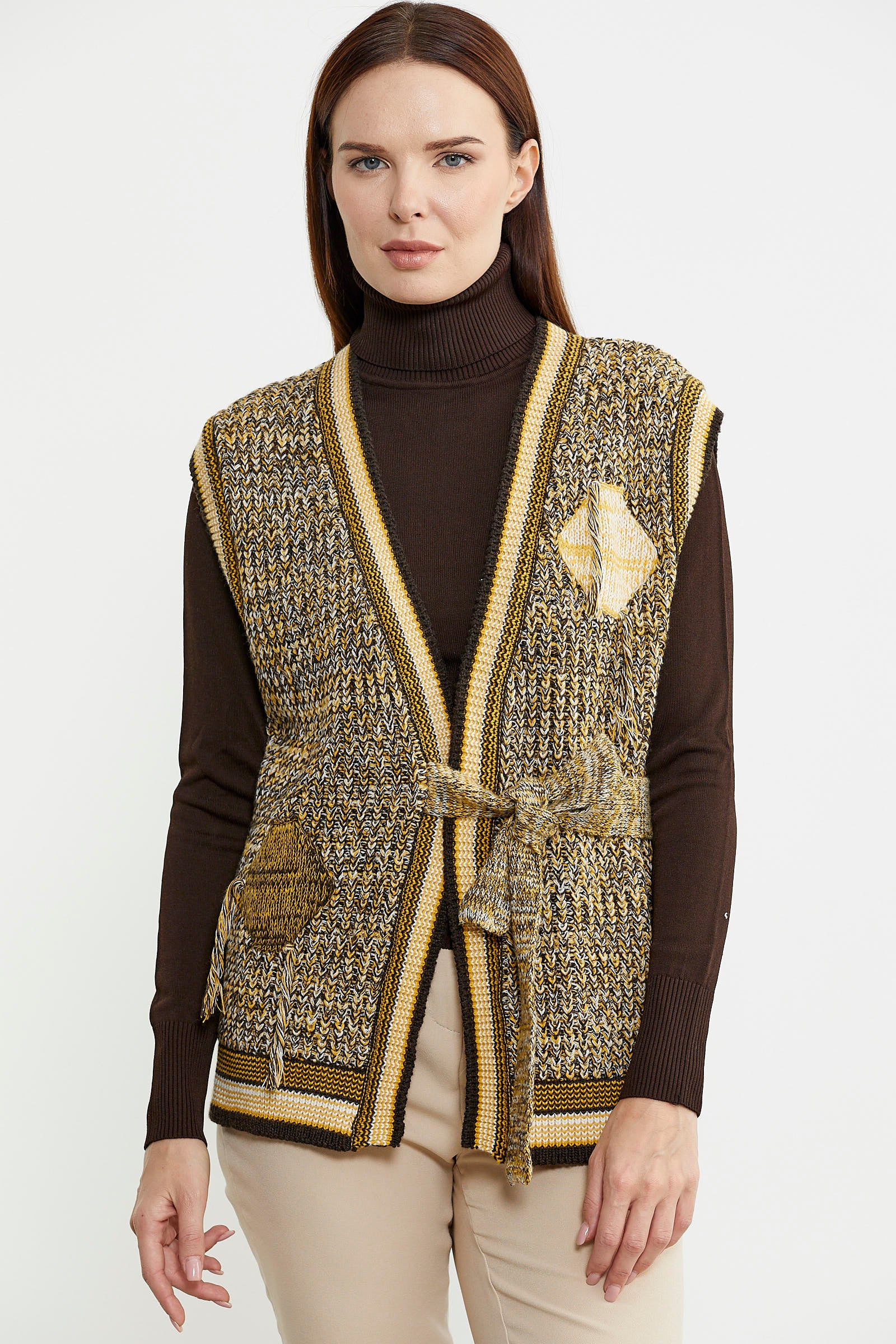 Renk Kombinli Kuşaklı Yünlü Triko Yelek - Kahve - Sementa