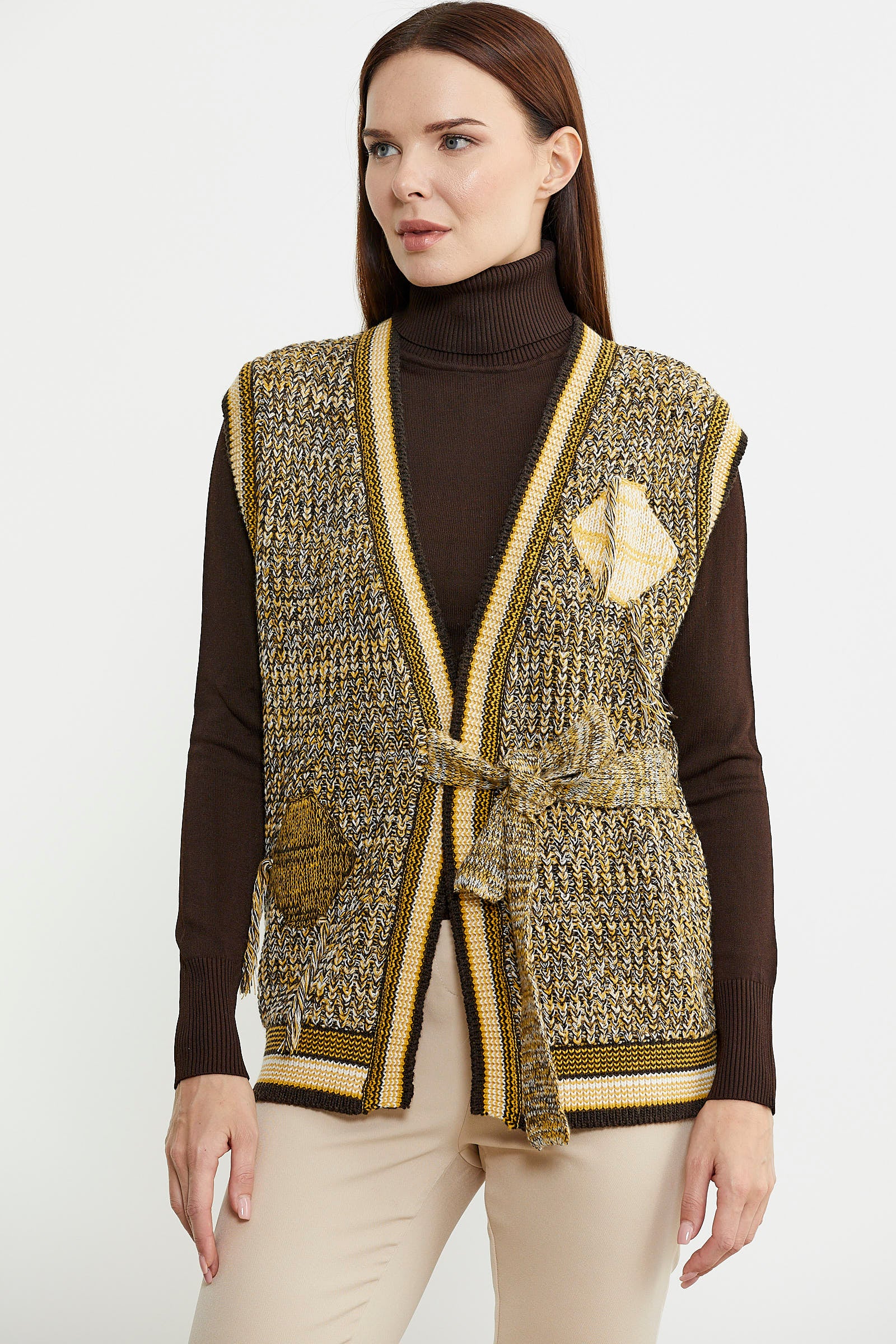 Renk Kombinli Kuşaklı Yünlü Triko Yelek - Kahve - Sementa