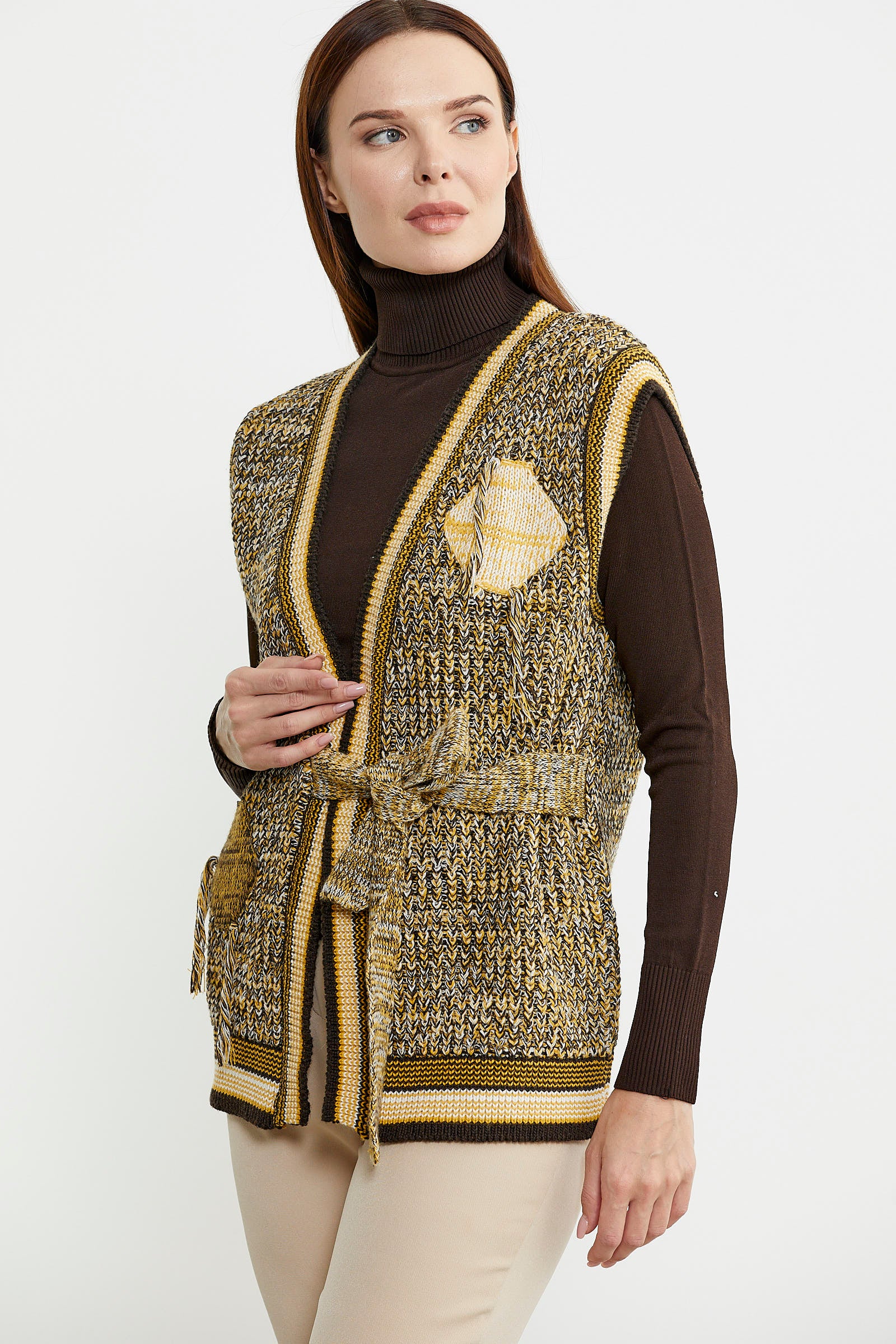 Renk Kombinli Kuşaklı Yünlü Triko Yelek - Kahve - Sementa