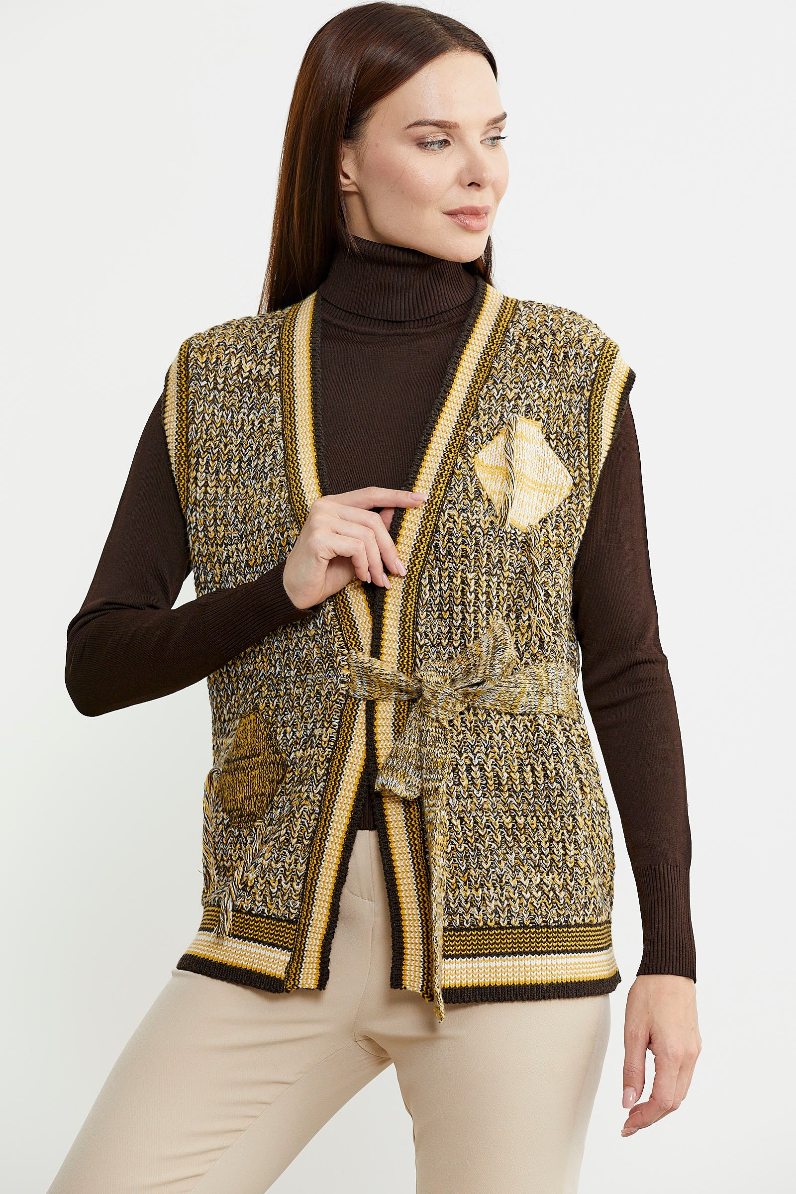 Renk Kombinli Kuşaklı Yünlü Triko Yelek - Kahve - Sementa