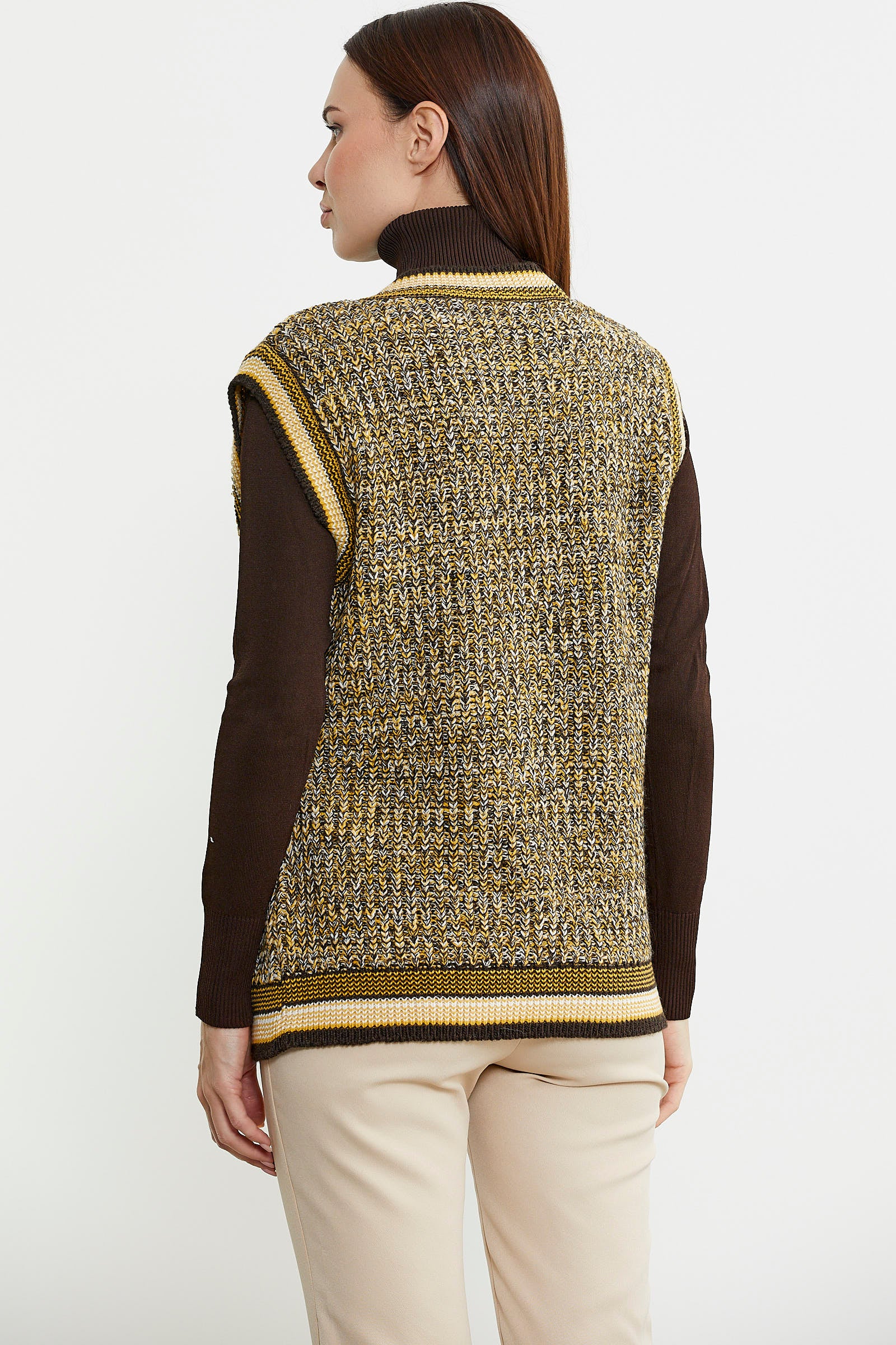 Renk Kombinli Kuşaklı Yünlü Triko Yelek - Kahve - Sementa