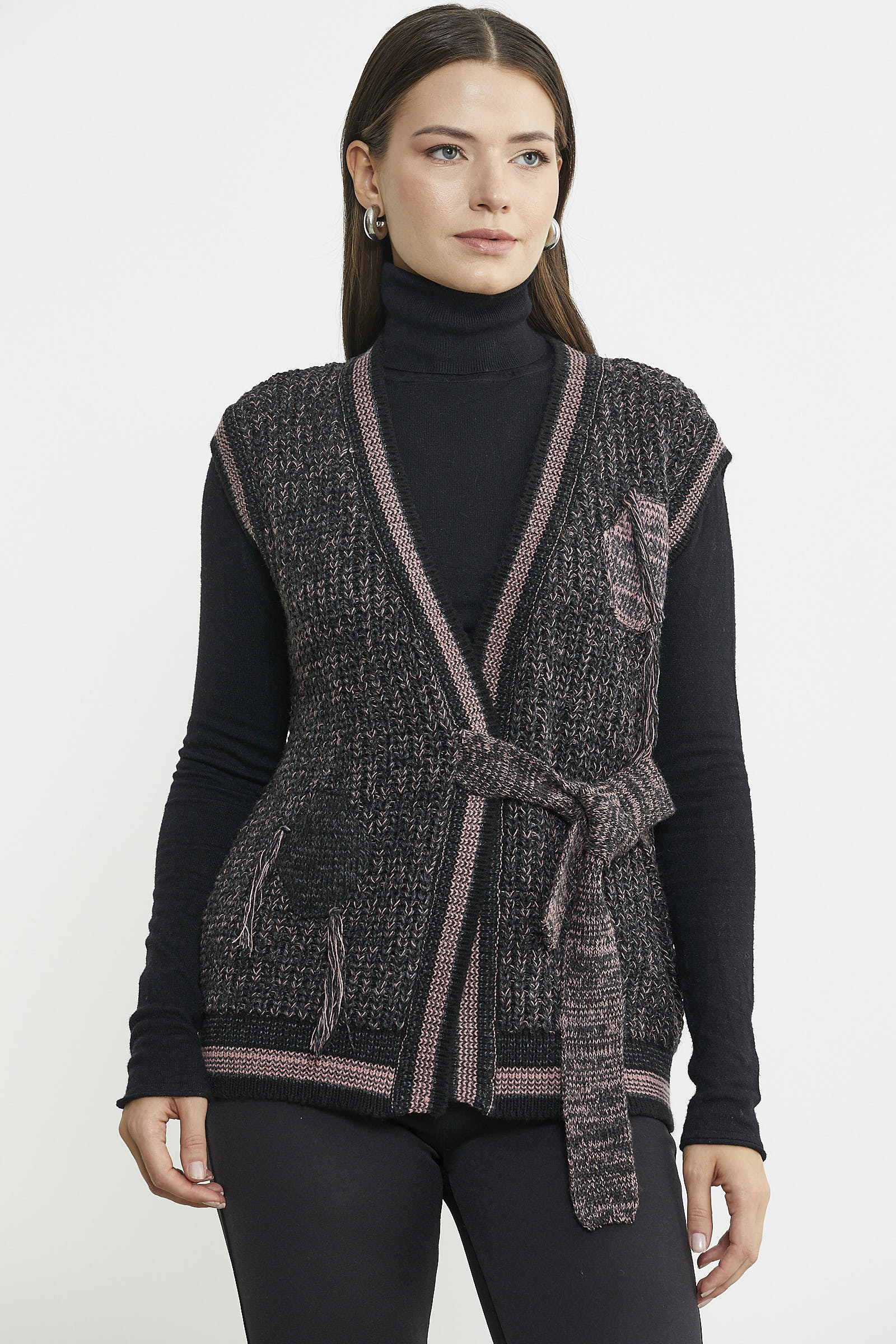 Renk Kombinli Kuşaklı Yünlü Triko Yelek - Siyah - Sementa