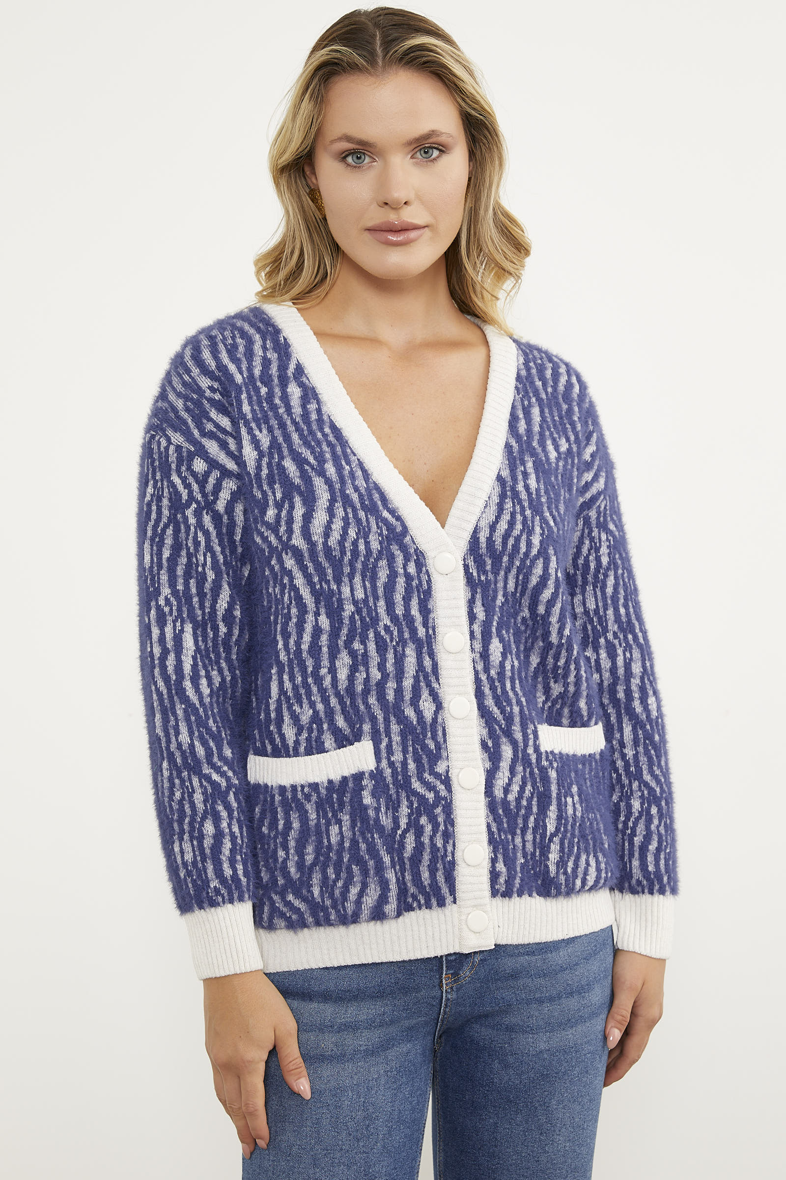 Renk Kombinli Yumoş Triko Hırka - Beyaz (2) Sementa