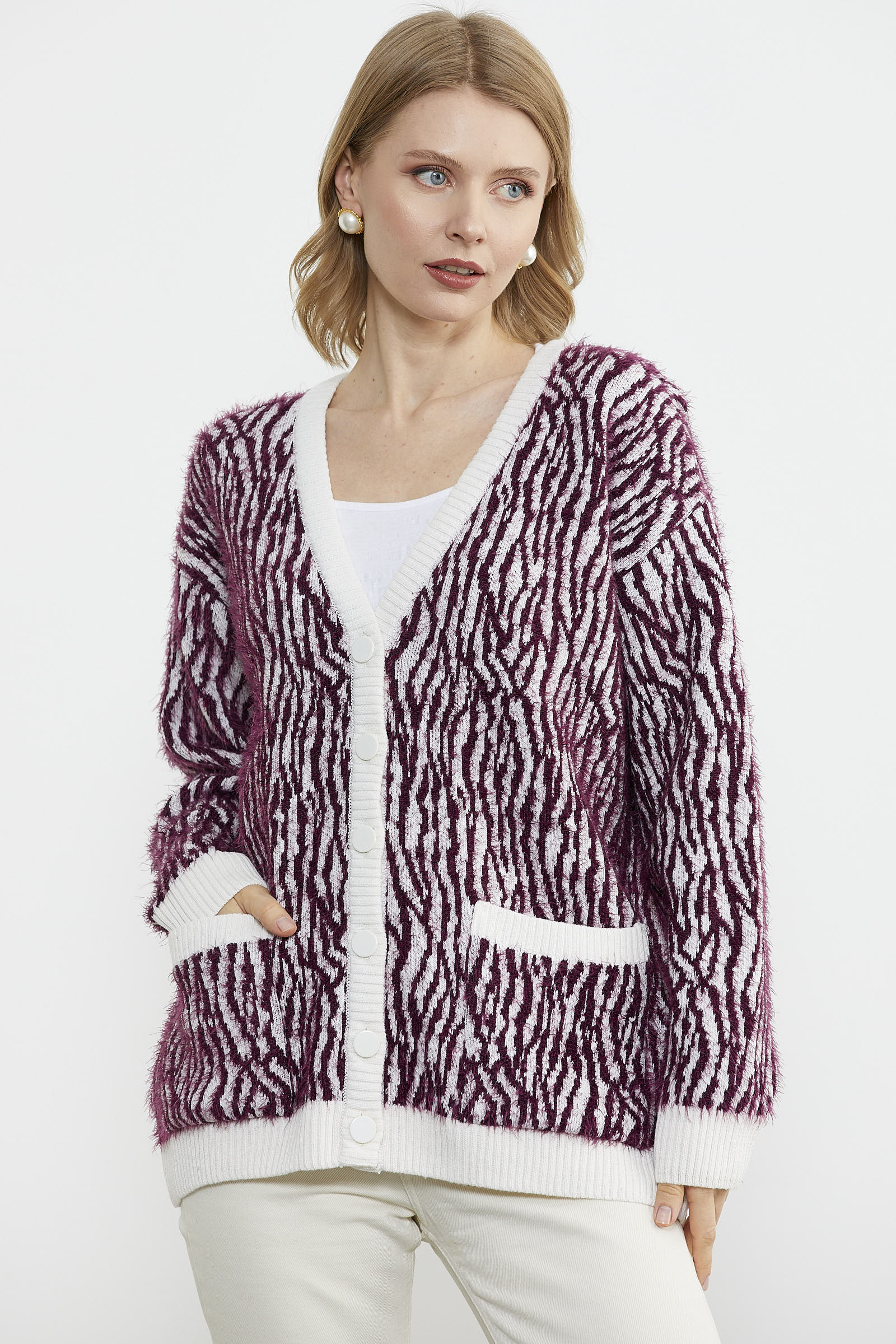 Renk Kombinli Yumoş Triko Hırka - Bordo (1) Sementa