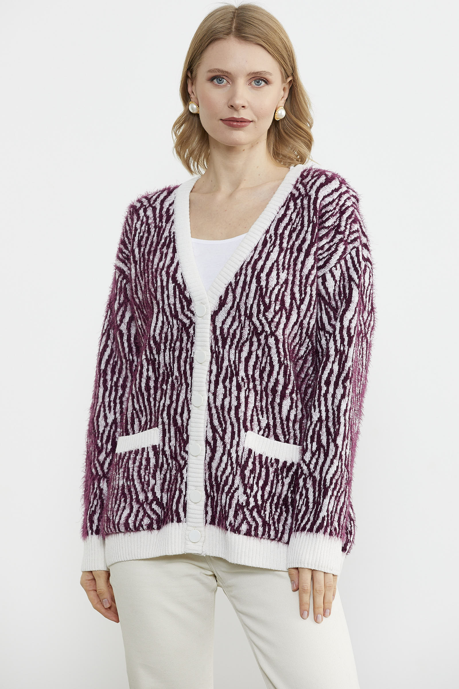 Renk Kombinli Yumoş Triko Hırka - Bordo (2) Sementa