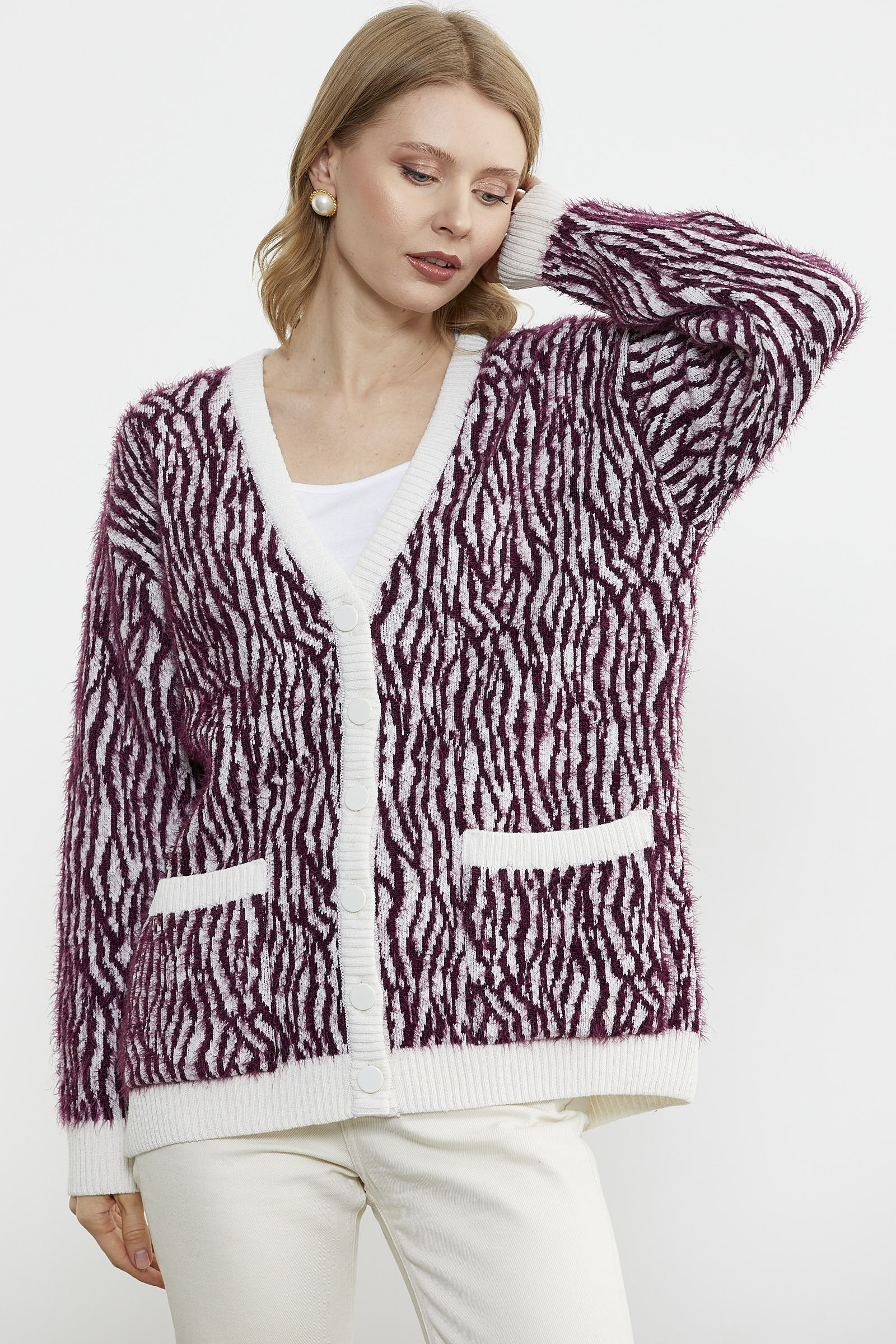 Renk Kombinli Yumoş Triko Hırka - Bordo (4) Sementa