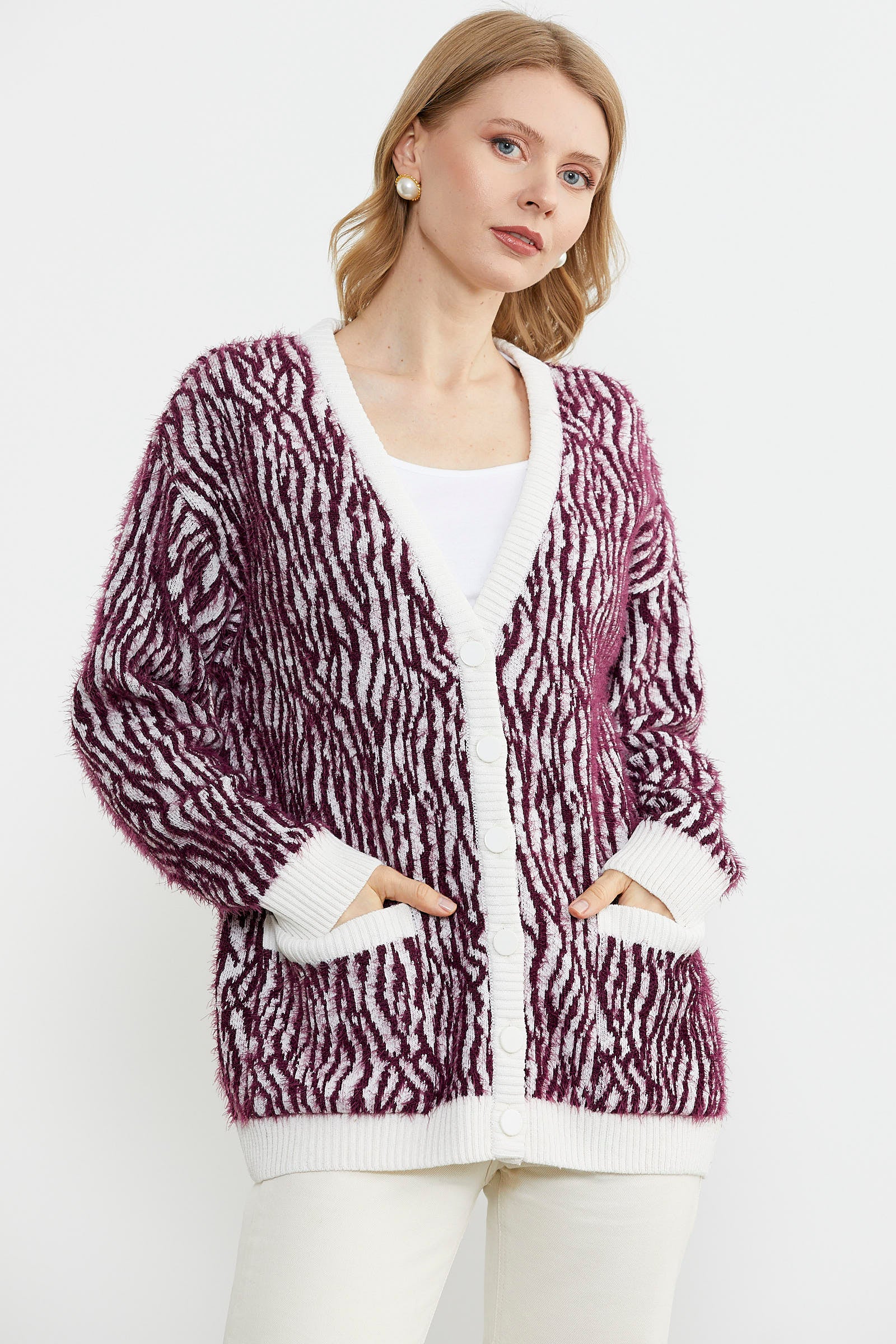 Renk Kombinli Yumoş Triko Hırka - Bordo (5) Sementa