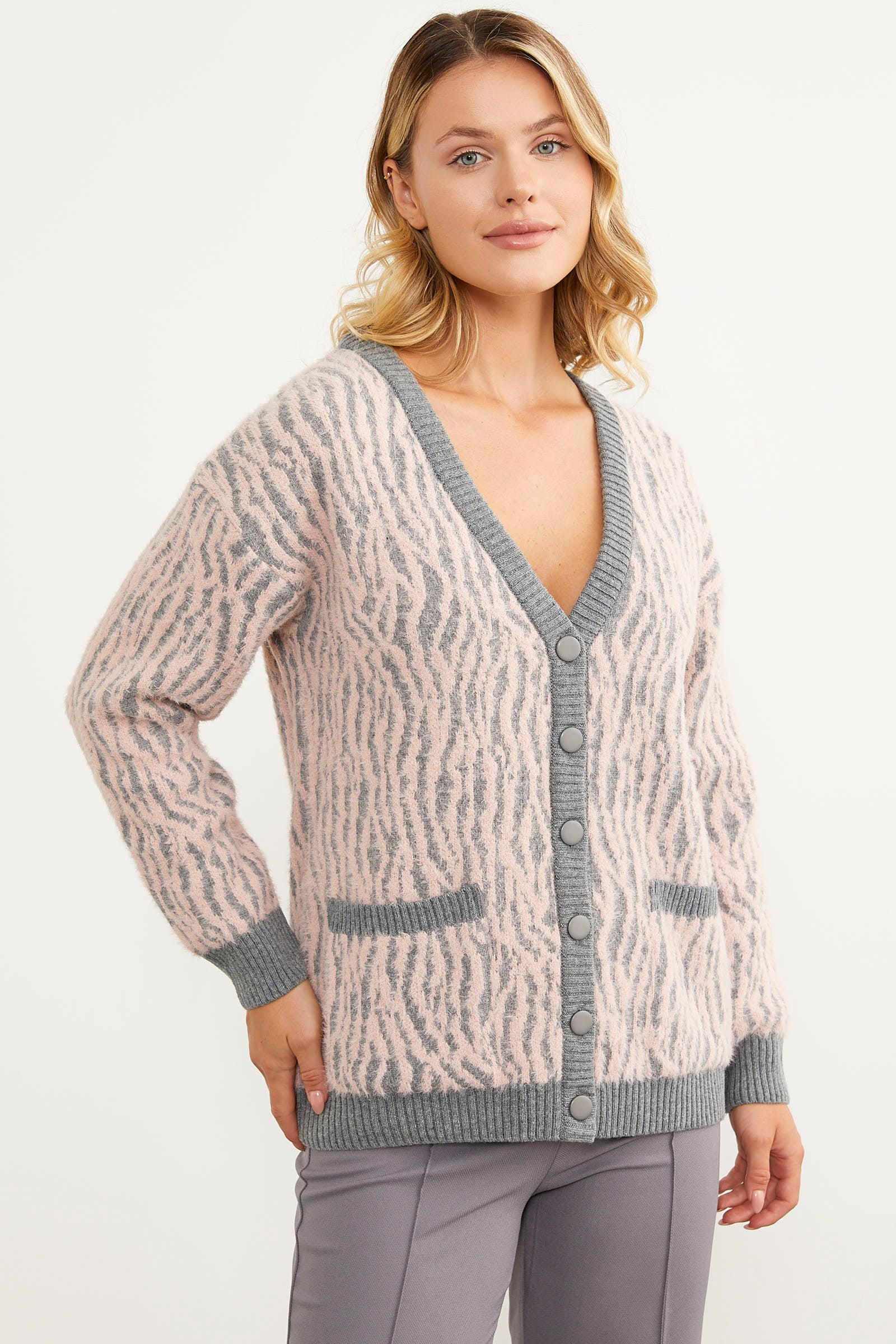 Renk Kombinli Yumoş Triko Hırka - Gri (3) Sementa