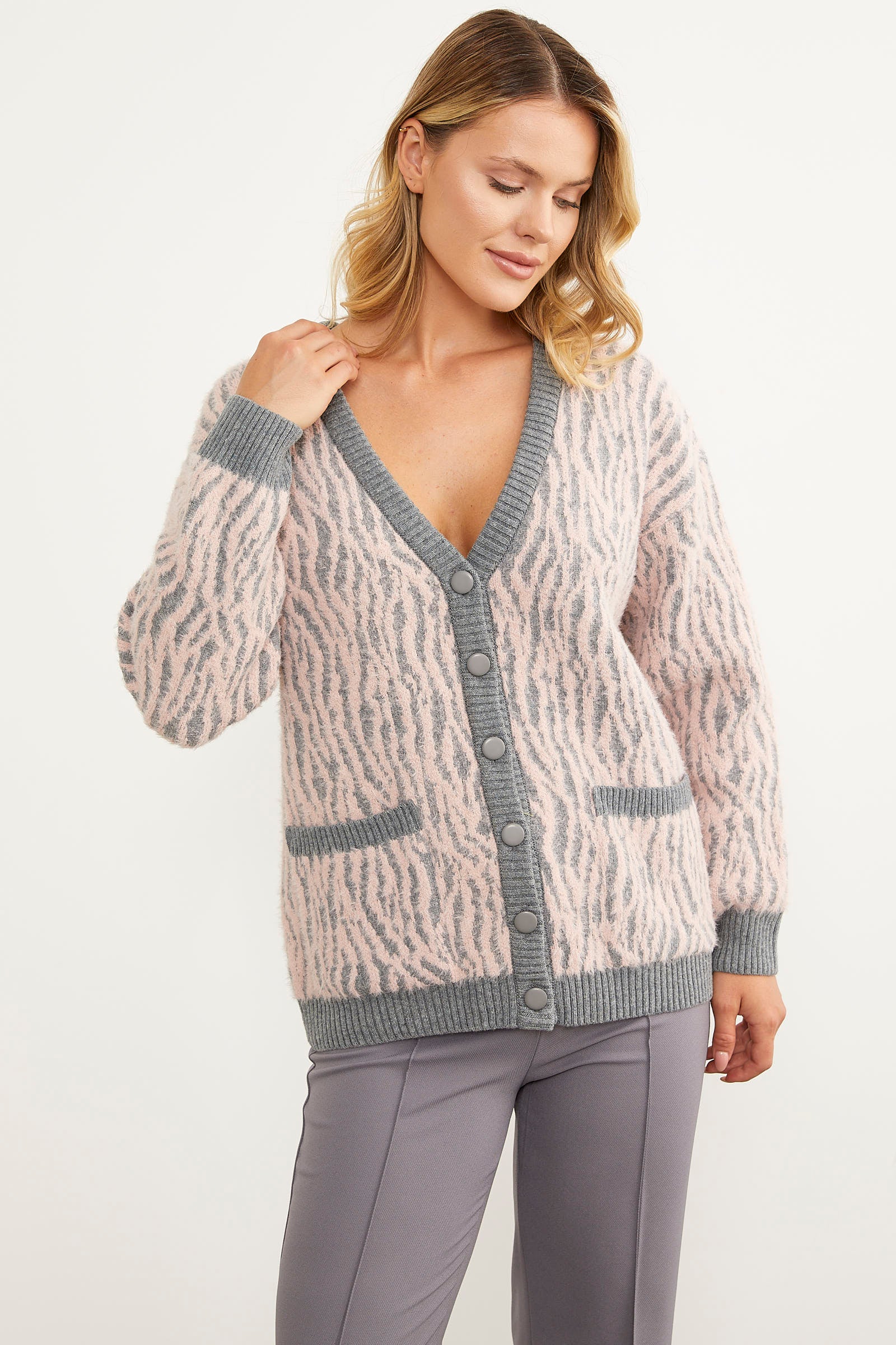 Renk Kombinli Yumoş Triko Hırka - Gri (4) Sementa