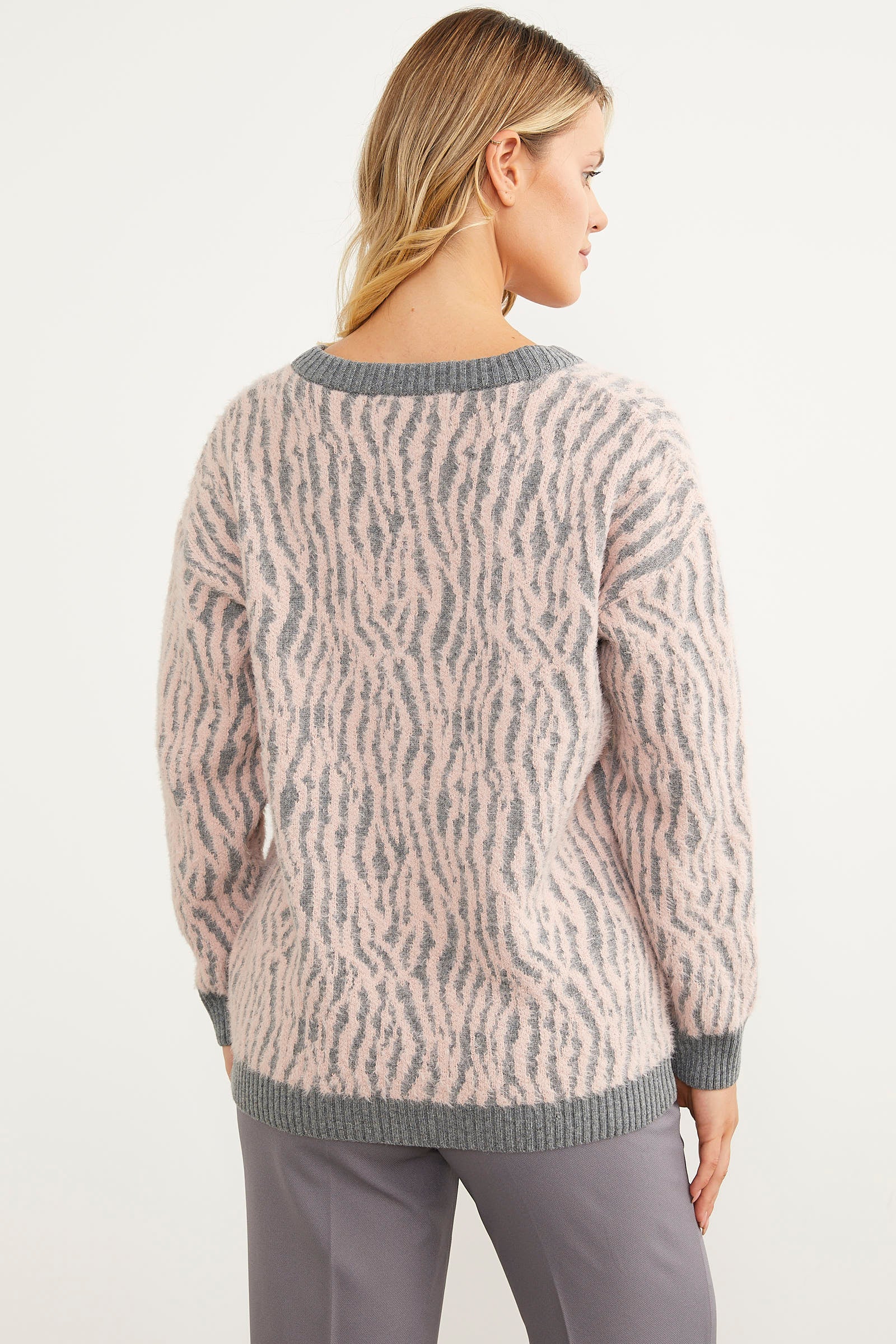 Renk Kombinli Yumoş Triko Hırka - Gri (5) Sementa