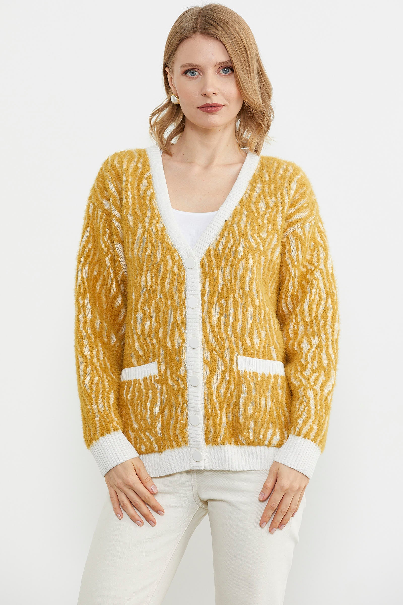 Renk Kombinli Yumoş Triko Hırka - Hardal (4) Sementa