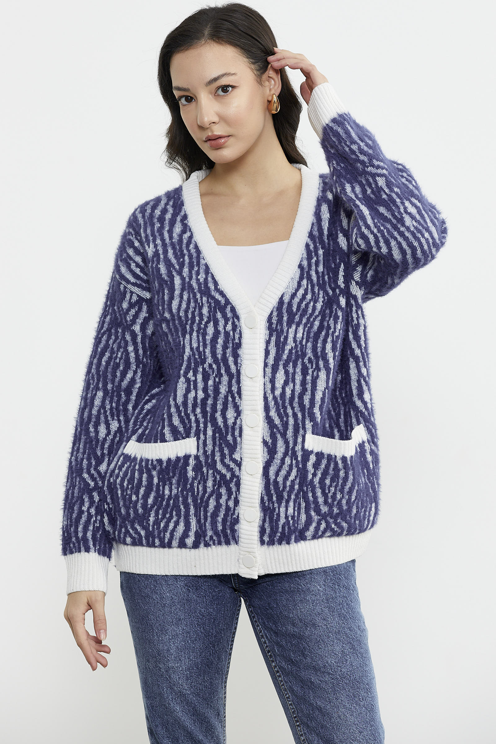 Renk Kombinli Yumoş Triko Hırka - Indigo (3) Sementa