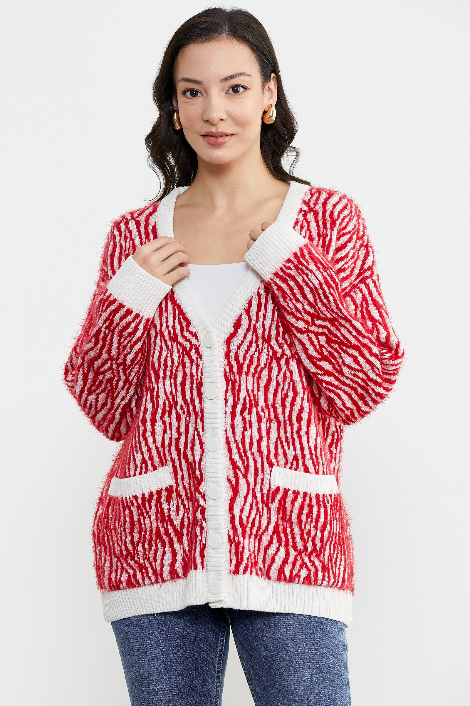 Renk Kombinli Yumoş Triko Hırka - Kırmızı (2) Sementa